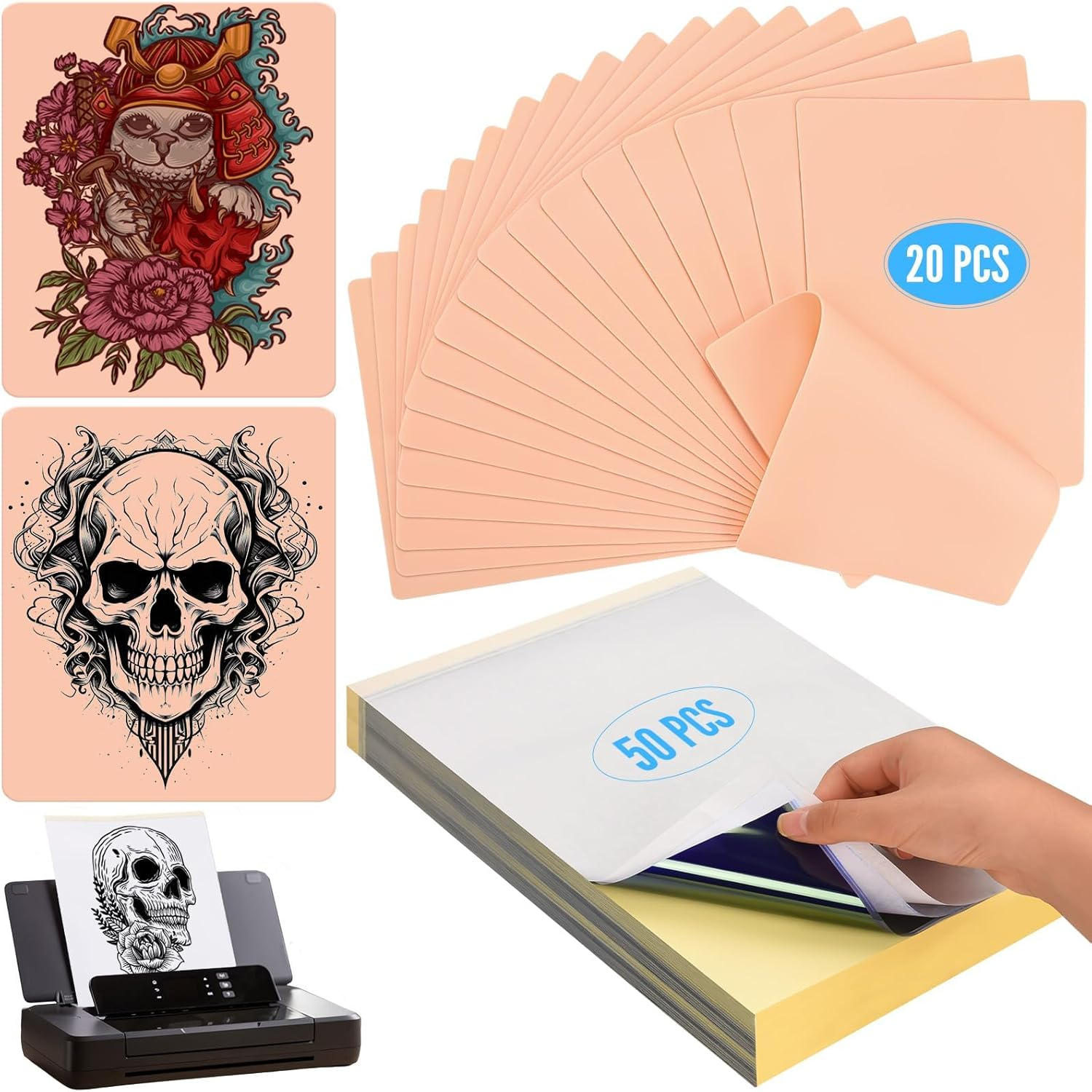 70 Pcs Tattoo Skin Practice Kit, Include 20 Pcs Tattoo Practice Skins & 50 Pack Tattooing Transfer Paper for Beginners Fake Skin Tattooing (7.5 X 5.8/11.6 X 8.2 IN) image number 2