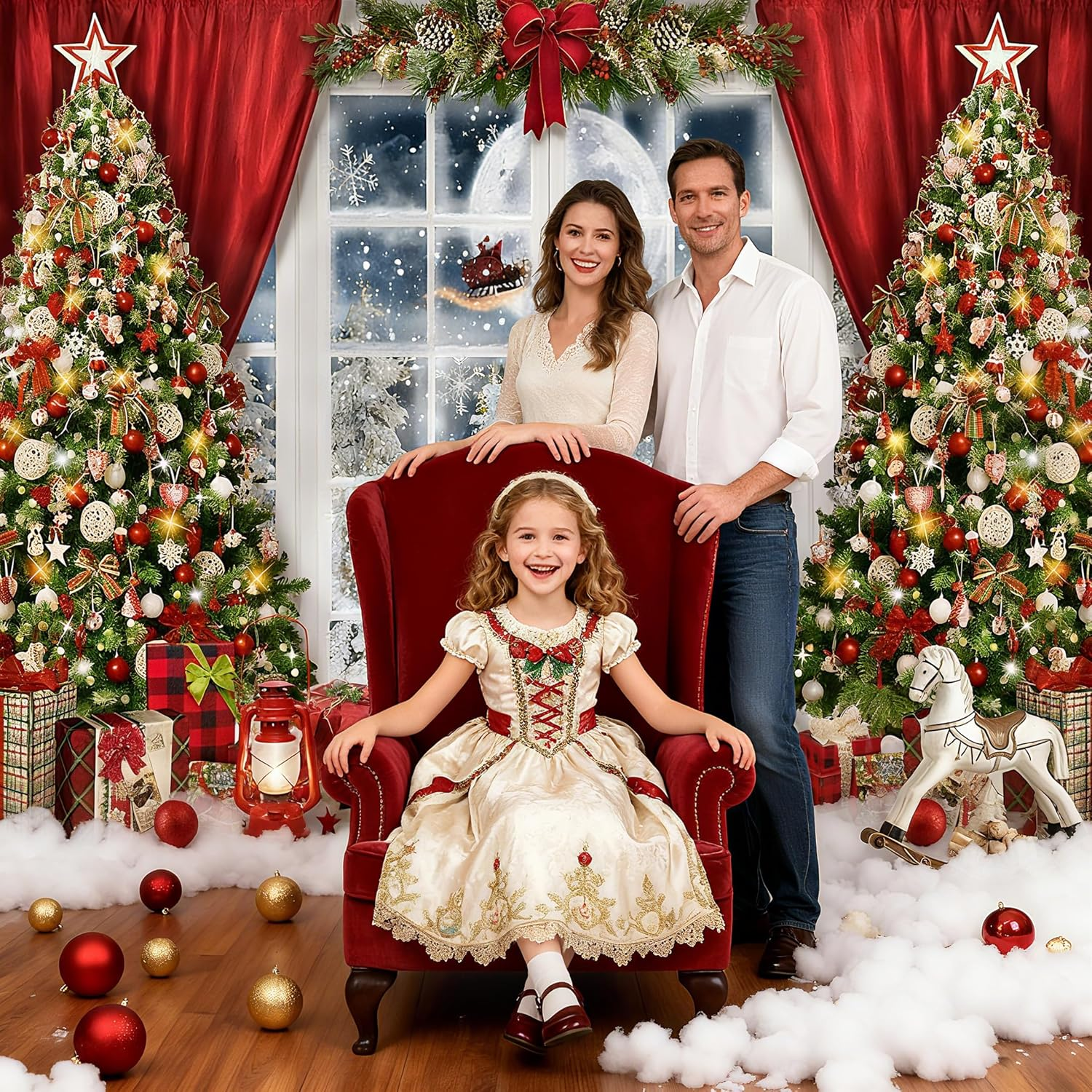 Mocsicka Christmas Window Backdrop for Photography Winter Xmas Trees Merry Christmas Party Decorations Photo Backdrops Xmas Night Santa Claus Photography Background (7X5Ft)