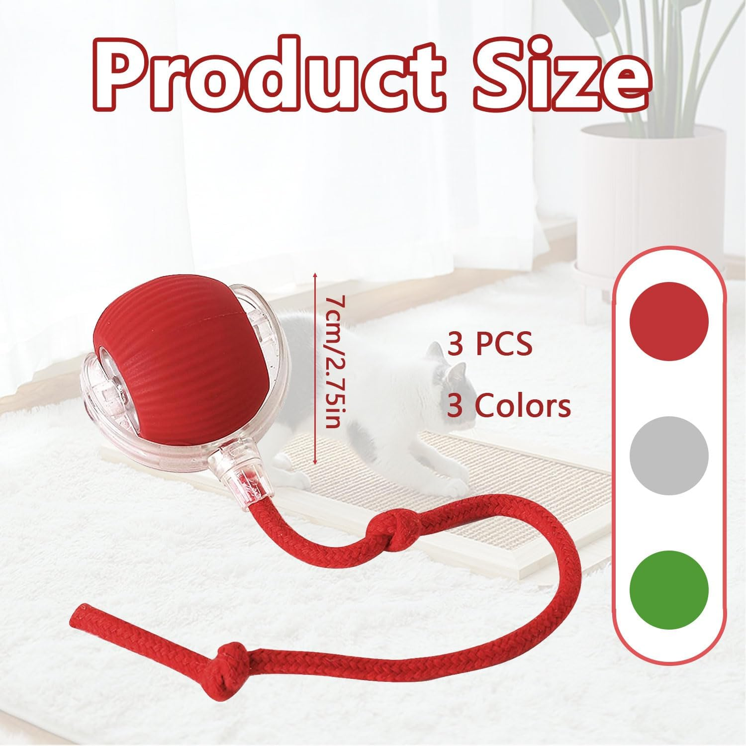TKINRIC 3PCS New Interactive Rolling Cat Toy Ball,Interactive Cat Ball Toys for Indoor,360&deg; Smart Automatic Rolling Electric Dog Ball with USB Rechargeable(Red & Green & Gray) image number 3