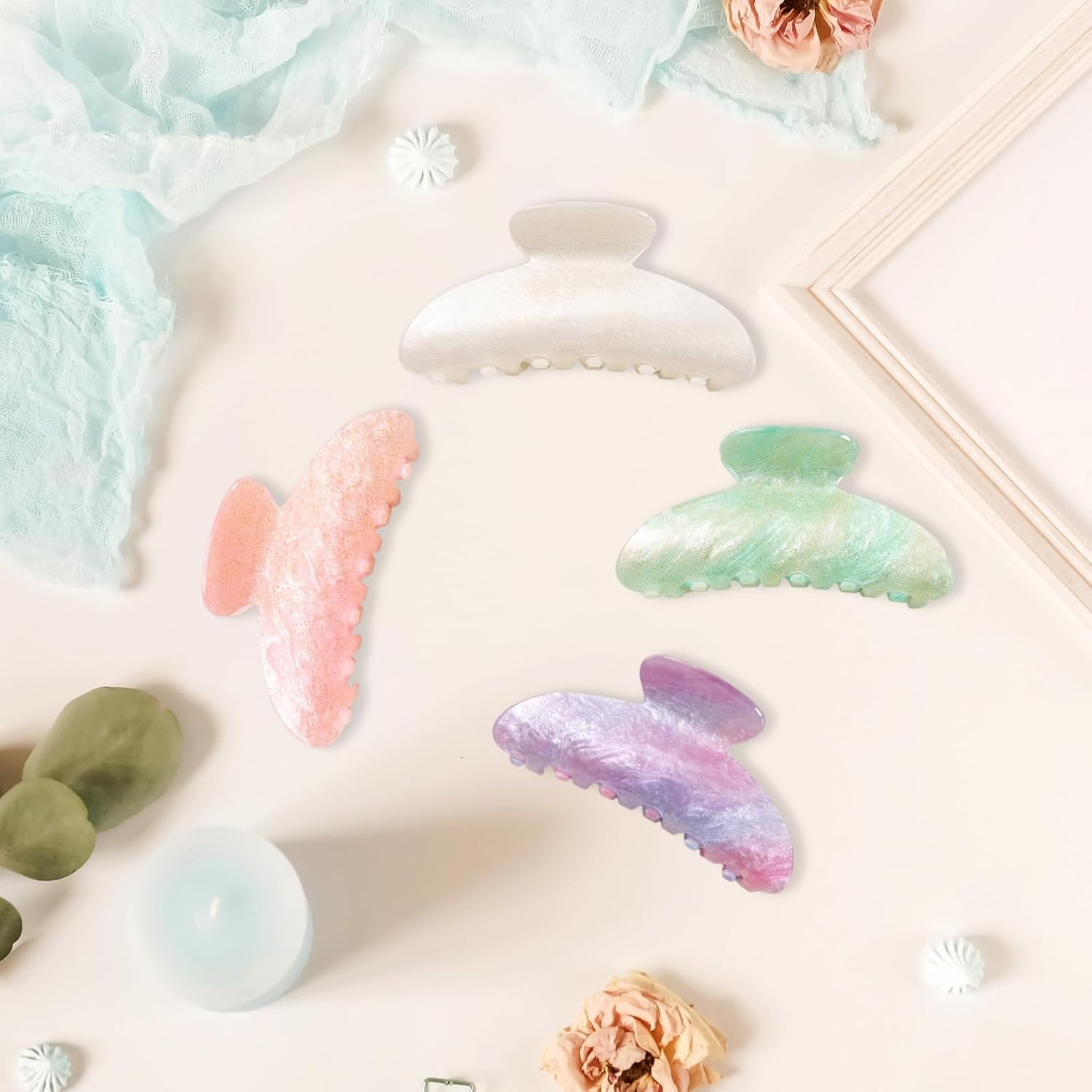 Hair Clips Large Set (Pack of 4) - Hair Clips for Thick Hair, Large Acrylic Claw Clips, Hair Barrettes (Glitter: White/Purple/Pink/Green)