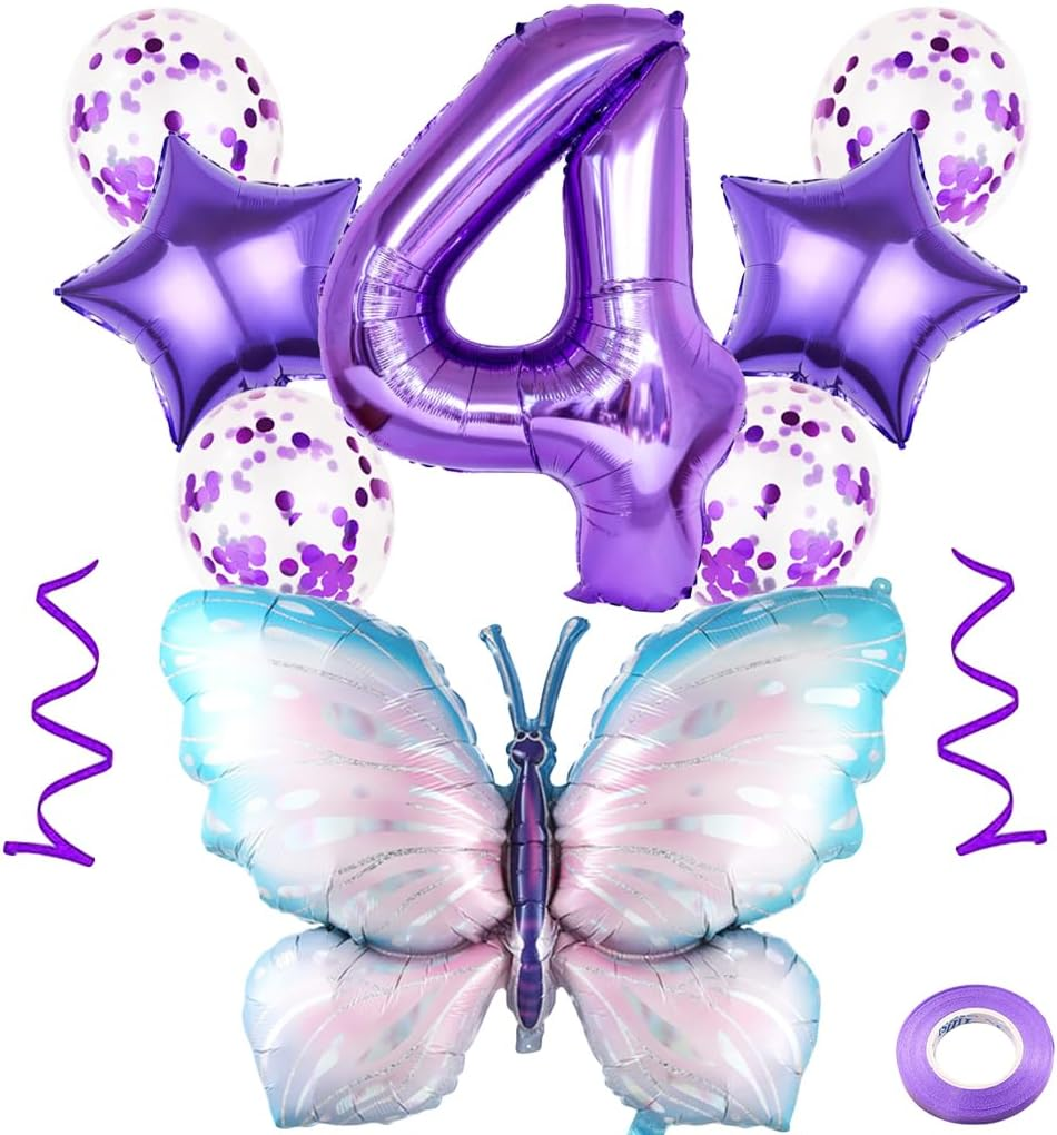 6Th Birthday Butterfly Balloons - Giant Purple Aluminum Foil Number 6 Mylar Balloon for Theme Party Supplies, Baby Shower, Girls Birthday Decor