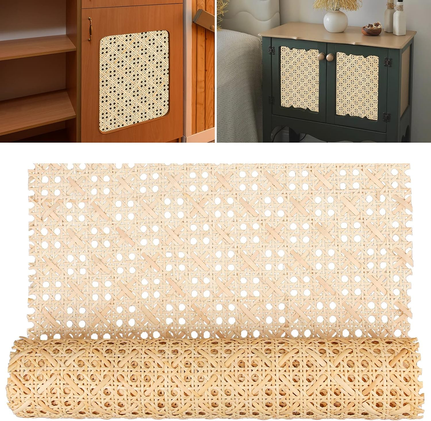 Cane Rattan Webbing Roll, 3.28Ft X 15.8 Inch Woven Open Mesh Cane Natural Rattan Webbing Rattan Webbing for Caning Projects Wide Rattan for DIY Crafts Cabinet Chair Furniture