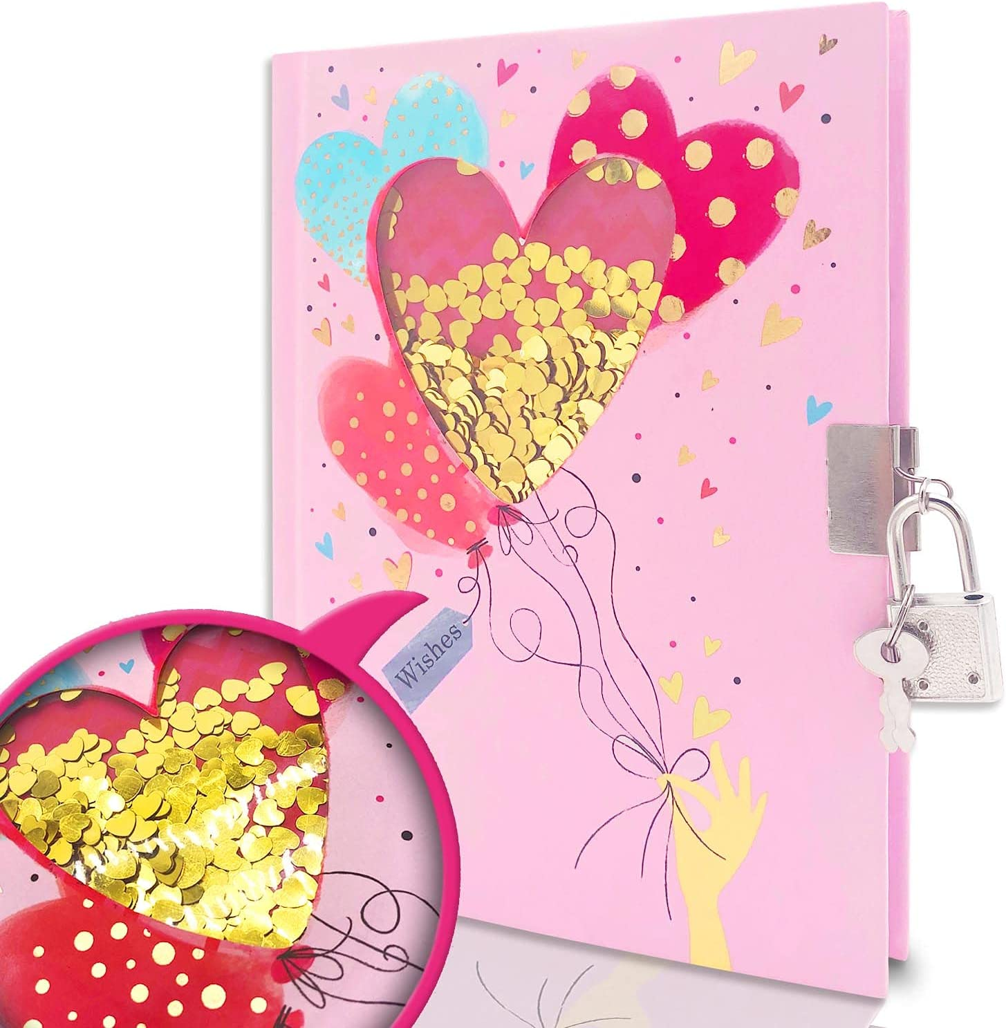 Heart Diary with Lock, 7X5.3 Inches 160 Pages Shakable Sequin Girls Diary Secret Kids Journal with Lock Lined Notebook for Girls Pink Kids Diaries Birthday Gifts for Girls 5 6 7 8 9 10 Years
