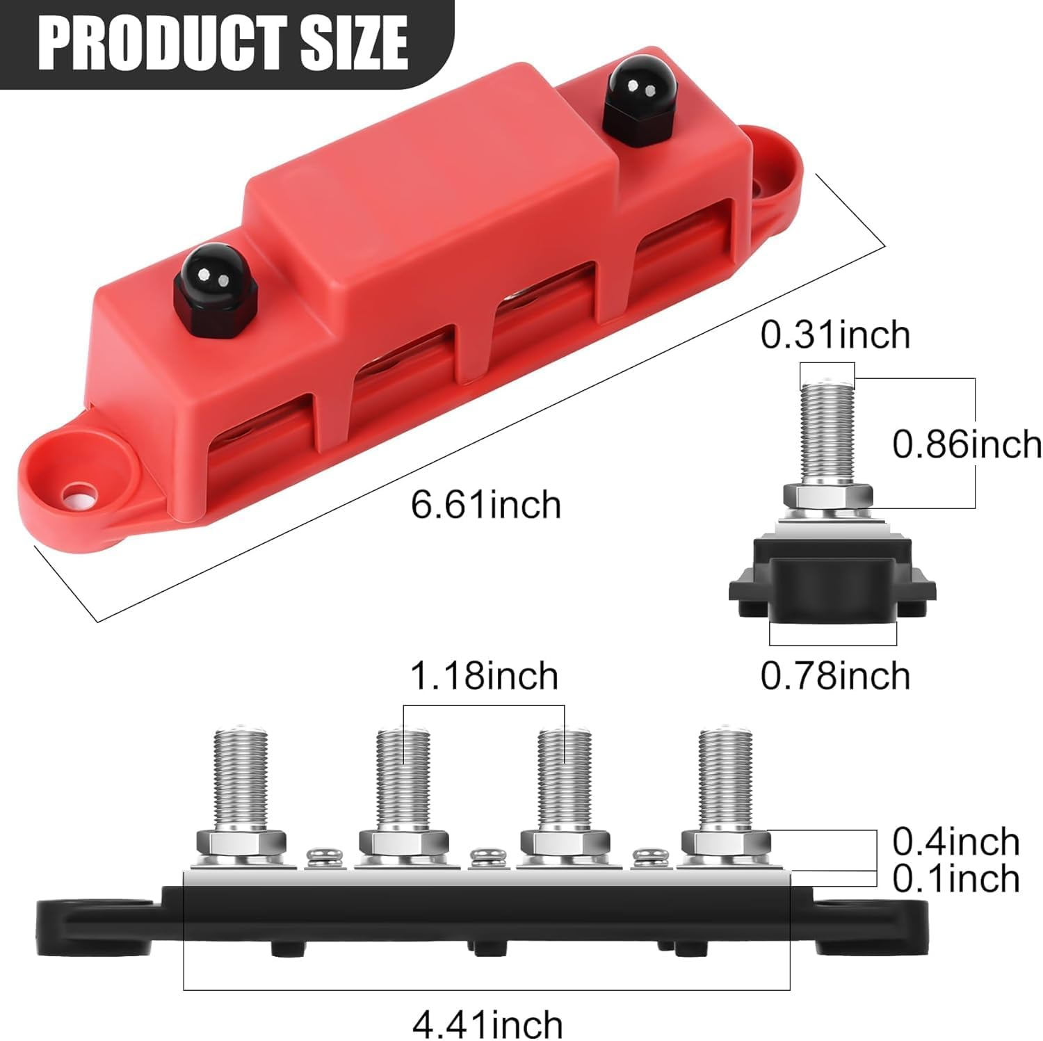 Bus Bar 12V Power Distribution Block 250A Bus Bar with 4 X 5/16" (8M) Studs Marine Battery Busbars Terminal Ground Distribution Block with Cover for Automotive, Boat, Car, Solar Wiring (Pair) image number 3