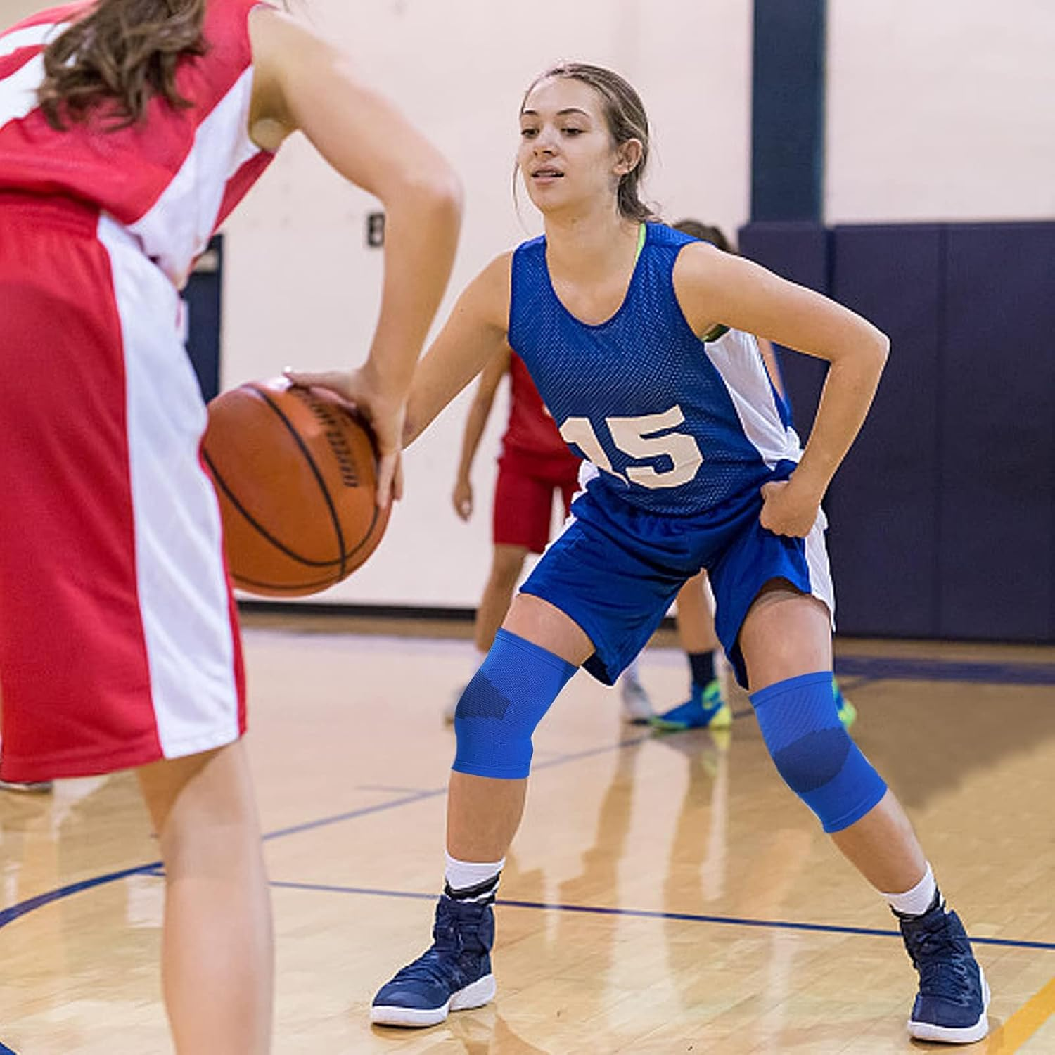 JDFHFGB 2 Pairs Youth Knee Support Sleeves, Breathable Adjustable Knee Braces for Boys & Girls,Compression Pads for Basketball, Volleyball, Gymnastics & Sports Activities (Black/Blue, S) image number 2