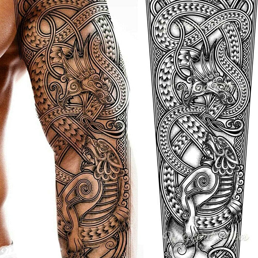 2X Dragon Temporary Tattoo Full Arm Body Art Stickers Nordic Compass Viking Celtic Tribal Middle Ages Medieval Full Adults Kids Men Women Arm Leg Sleeves Fancy Dress Cosplay