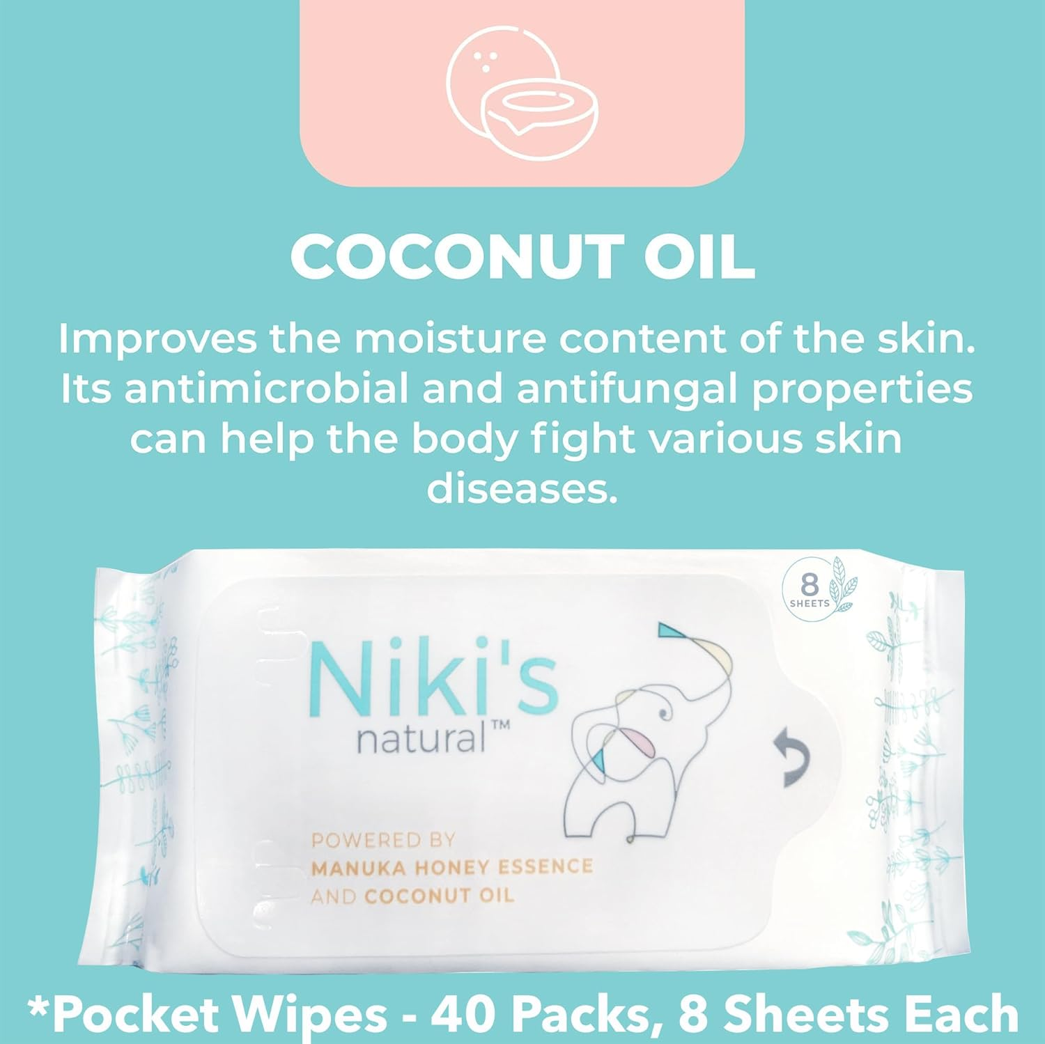 Niki'S Natural Pocket Baby Wipes | Organic Baby Wipes Sensitive | Made with Manuka Honey and Coconut Oil, Unscented | EWG Verified | 320 Wipes (40 Pack X 8 Count Wipes) image number 4