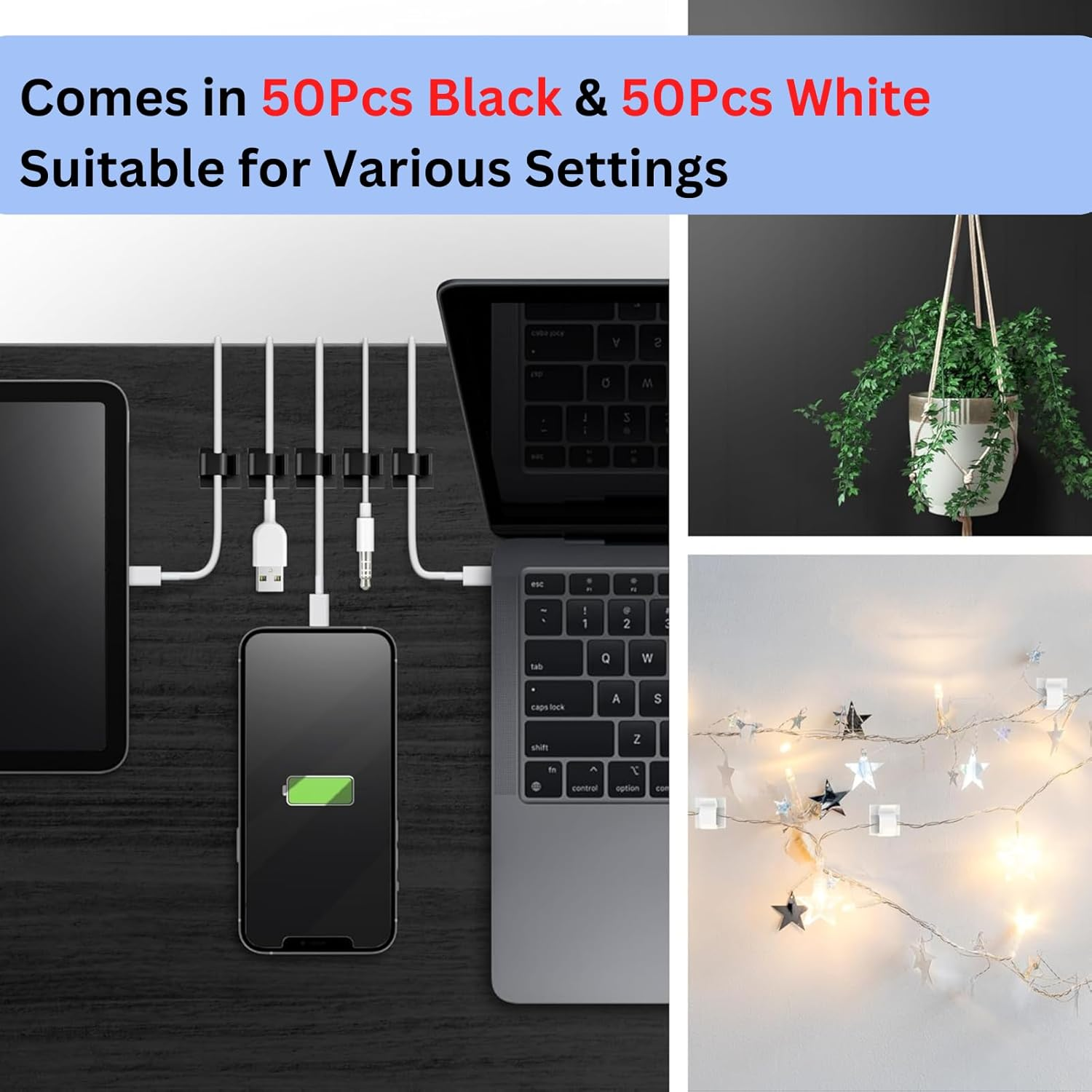100PCS Adhesive Cable Clips (Large, White&Black), Upgraded Wall Wire Holder Cord Organizer for Cable Management under Desk, Hide Cable, Light Clips Hooks for LED, HDMI, Eetension Cord image number 1