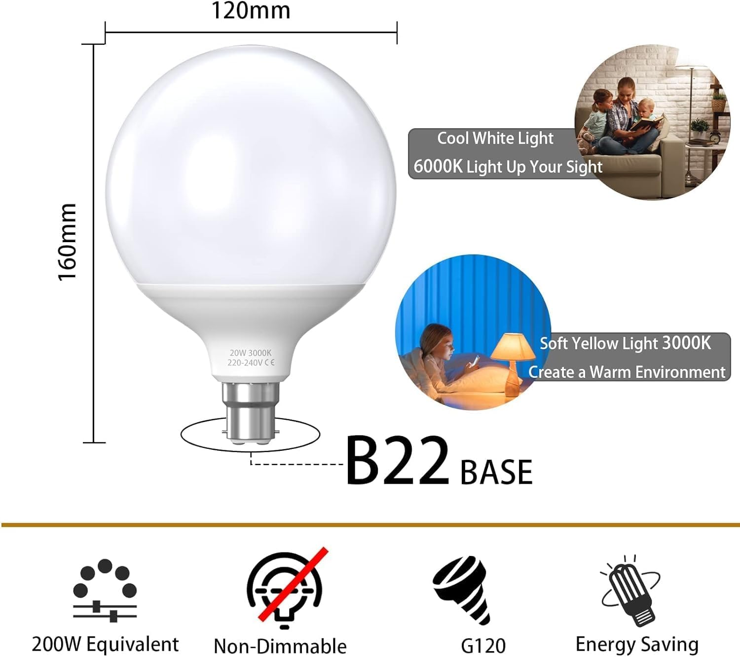 Bonlux 20W B22 LED Bayonet Light Bulb, G120 Globe LED Light Bulb, Equivalent of 200W Halogen Bulb, Energy Efficient, Long Lifespan, AC220-240V Warm White 3000K (Non-Dimmable, Pack of 1) image number 5