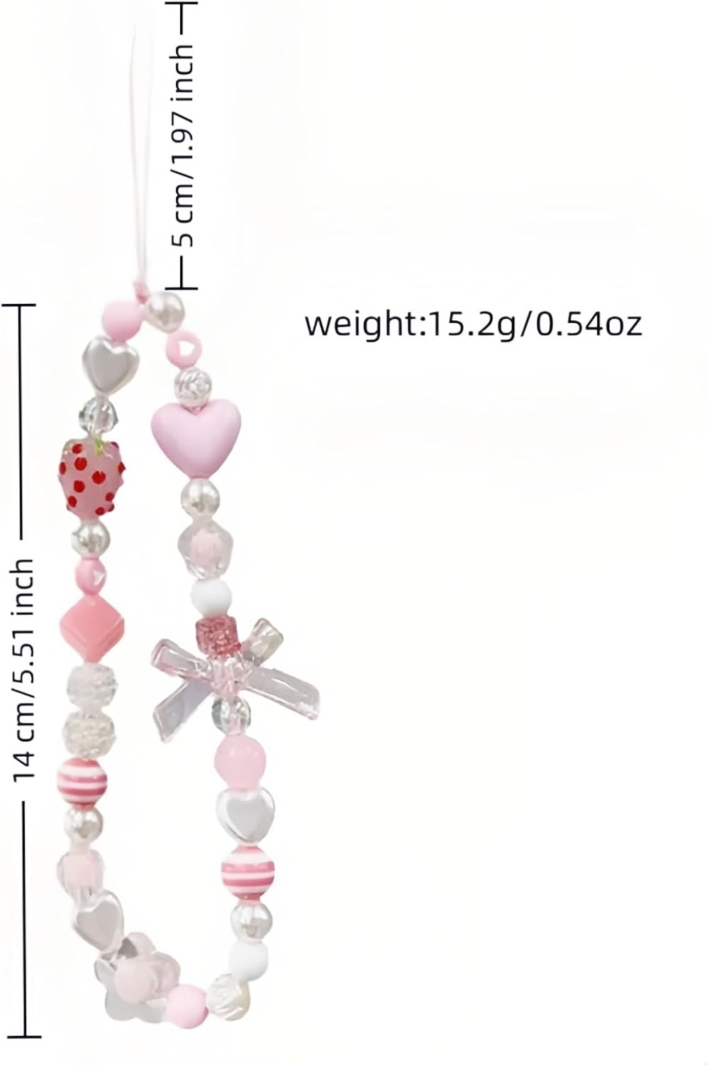 Strawberry Charm Phone Strap & Wristlet - Anti-Loss Sparkle Beaded Lanyard for Phone Camera, Cute Kawaii Gift for Women Girls (Pink Pearl Bow), Short Lightweight Design