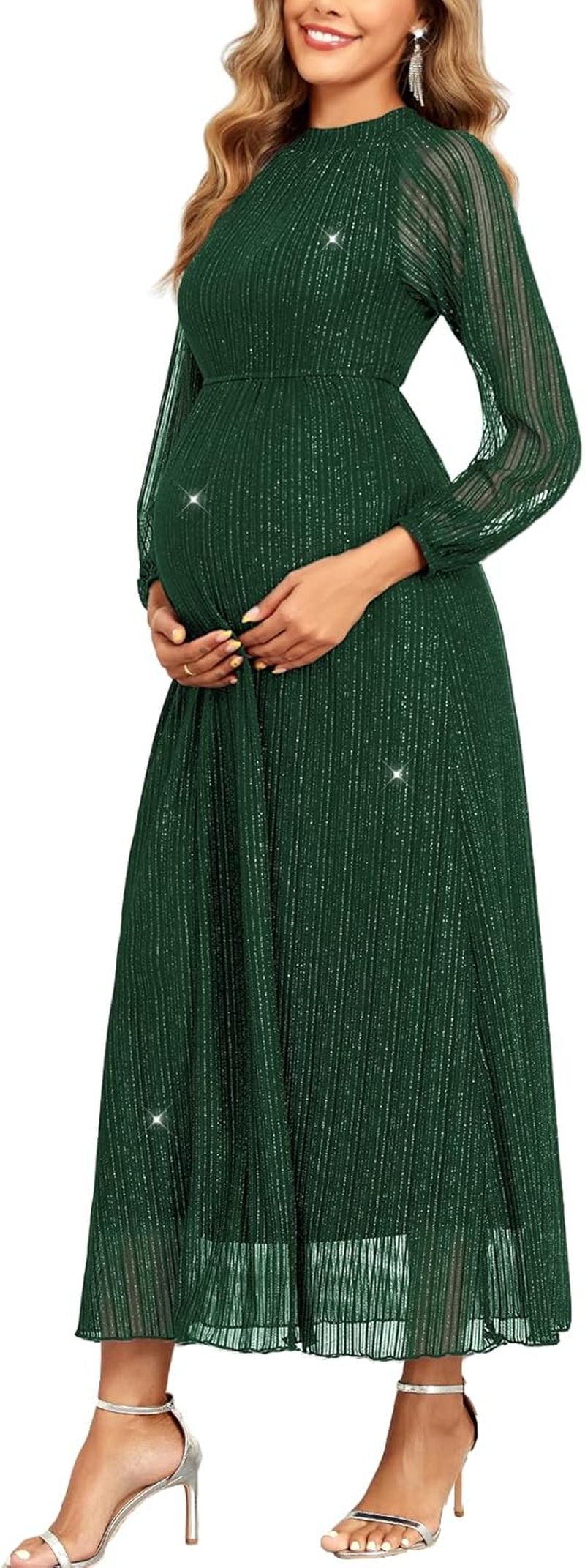 Maternity Sparkly Dress Halter Neck a Line Long-Sleeve Raglan Pregnancy Dresses Semi Formal Baby Shower Photoshoot