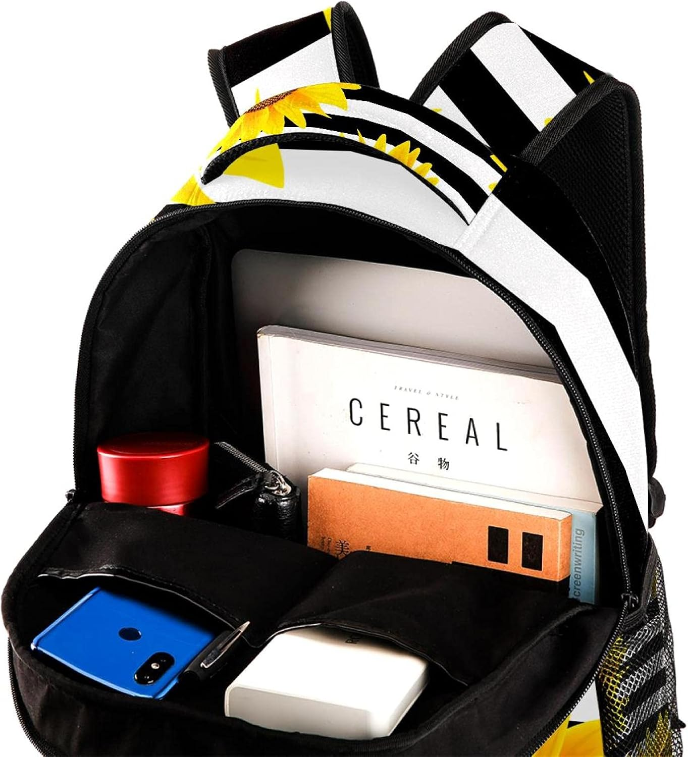 Black and White Striped Sunflower Creative Yellow Backpack Students Shoulder Bags Travel Bag College School Tote Backpacks