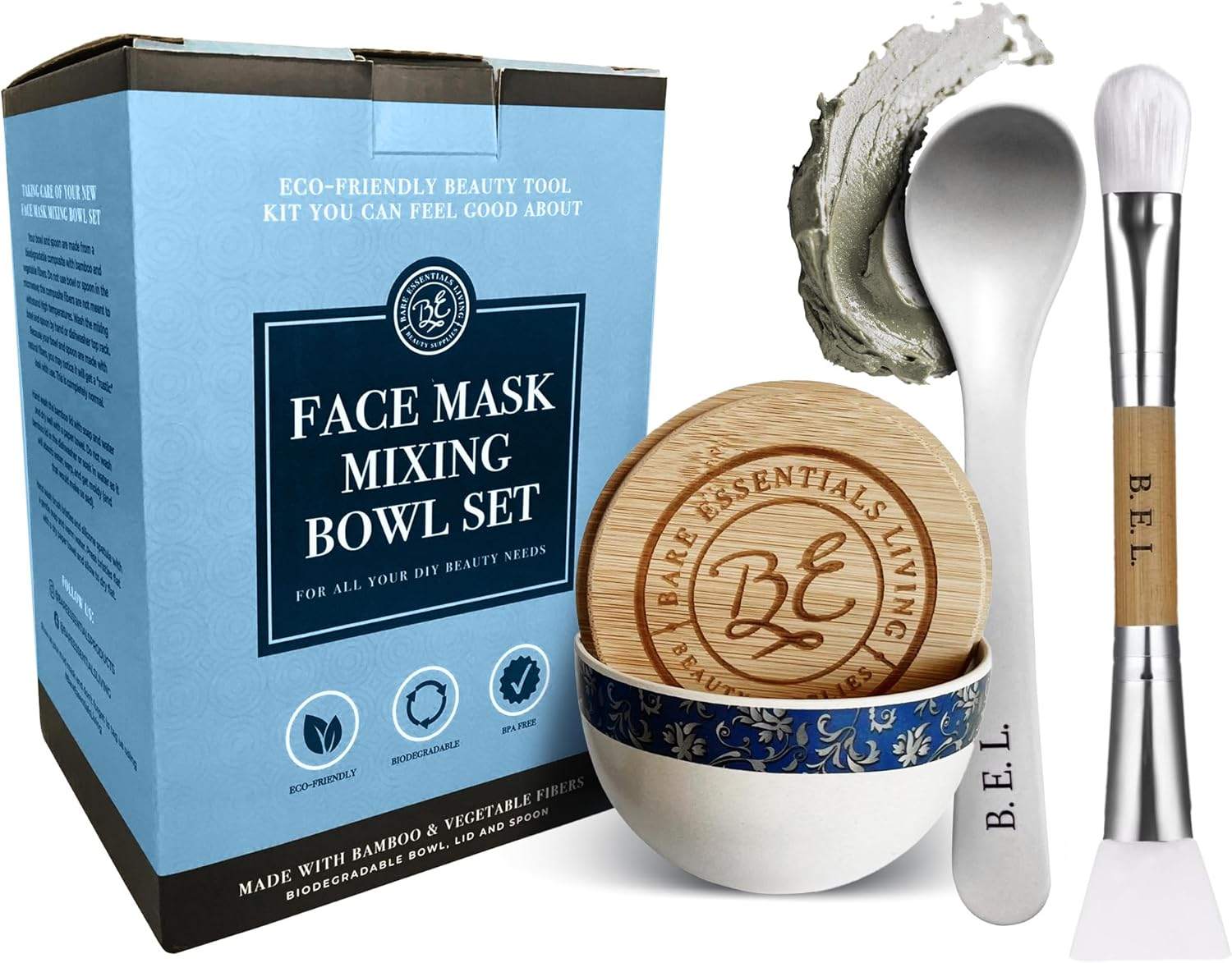 Bare Essentials Living - Clay Face Mask Mixing Bowl Set, Skin Care Kit Facial Bowls with Bamboo Lid, Face Mask Spoon, & Dual Sided Face Mask Brush Applicator for DIY Facials & Hair Mask (Blue Floral) image number 1