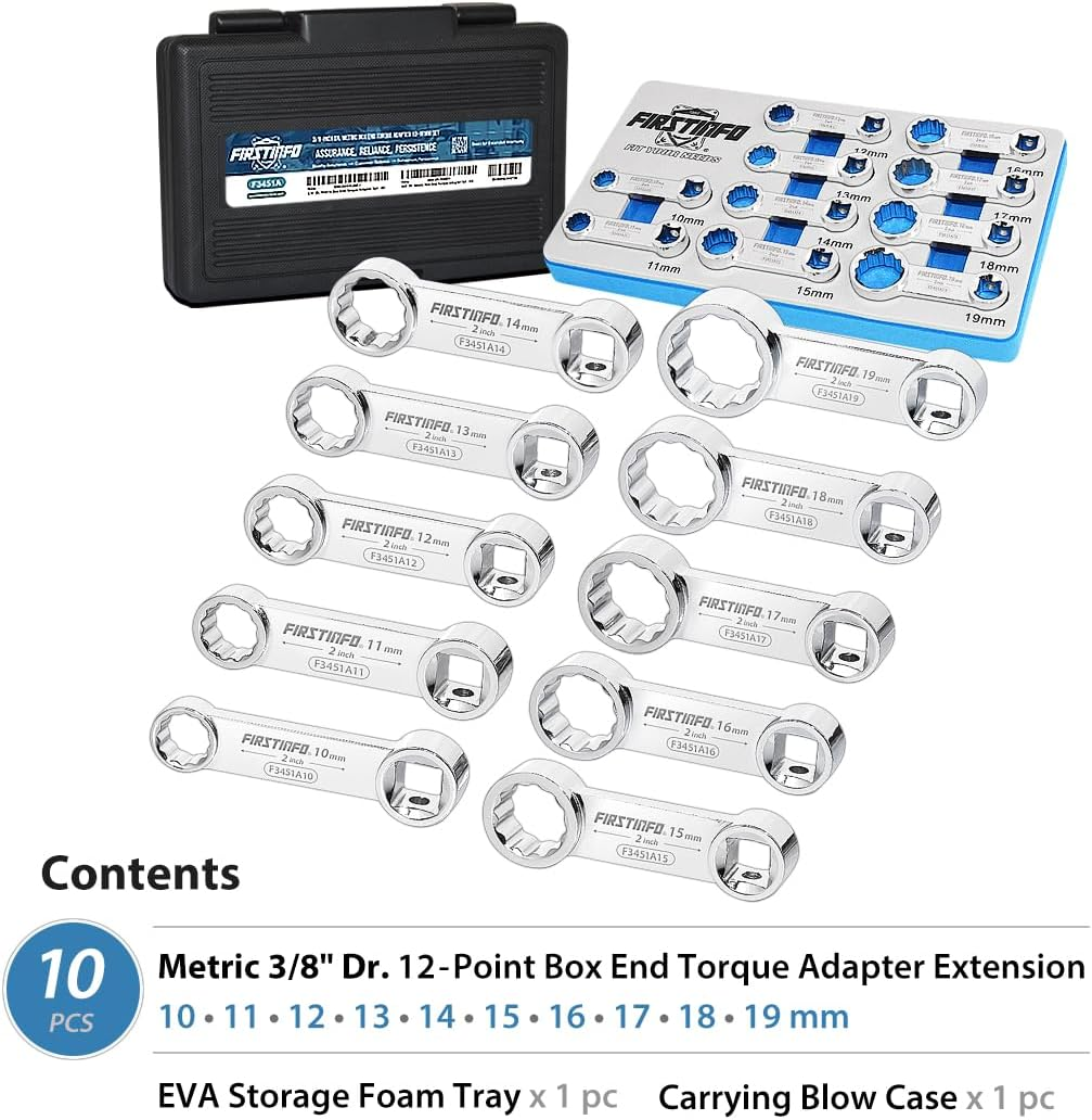FIRSTINFO 3/8-Inch Drive Metric Box End Torque Adapter Set, 12 Point, 10-Piece with Blow Case, Chrome Vanadium Steel image number 3