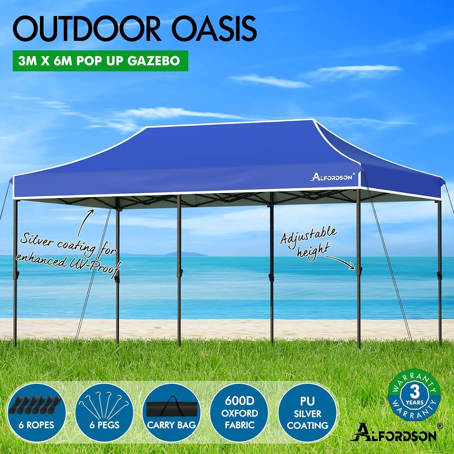 ALFORDSON Gazebo Marquee 3 X 6M High Adjustable with Pegs & Ropes, Easy Set-Up Canopy with 600D Fabric Roof and Carry Bag, Camping Shelter Shade with Steel Frame for Wedding Party Pavilion, Blue image number 5