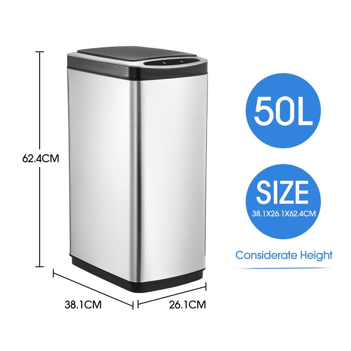 Maxkon 50L Motion Sensor Rubbish Bin Automatic Garbage Kitchen Trash Can Stainless Steel Slim Bathroom Waste Bin Home Office Sliver