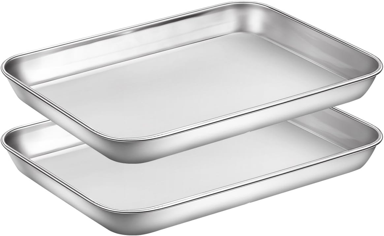 Baking Sheets Set of 2, HKJ Chef Cookie Sheets 2 Pieces & Stainless Steel Baking Pans & Toaster Oven Tray Pans, Rectangle Size 9L X 7W X 1H Inch & Non Toxic & Healthy & Easy Clean image number 2