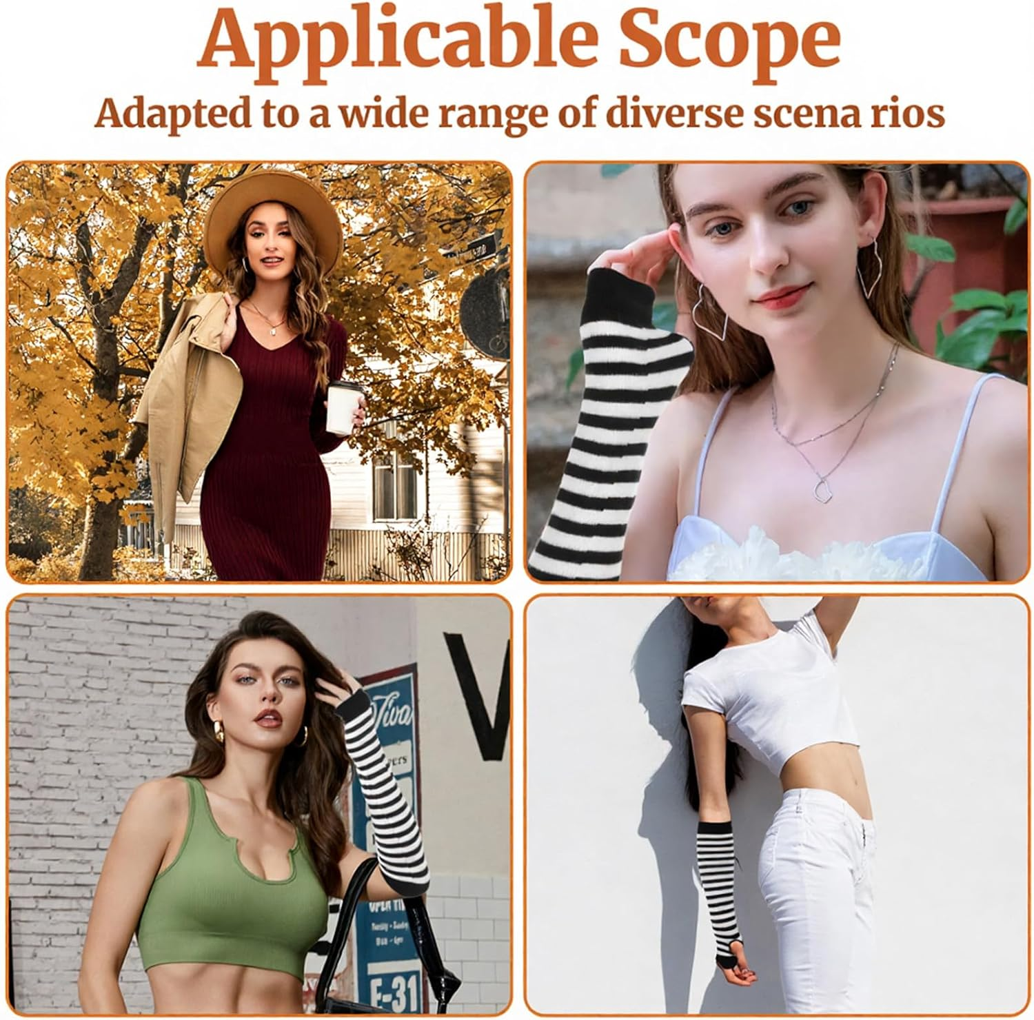 APLZGMG Y2K Striped Arm Warmers, Black & White Long Fingerless Knitted Gloves with Thumb Hole, Harajuku Kawaii Punk Gothic Arm Sleeves for Women & Men image number 6