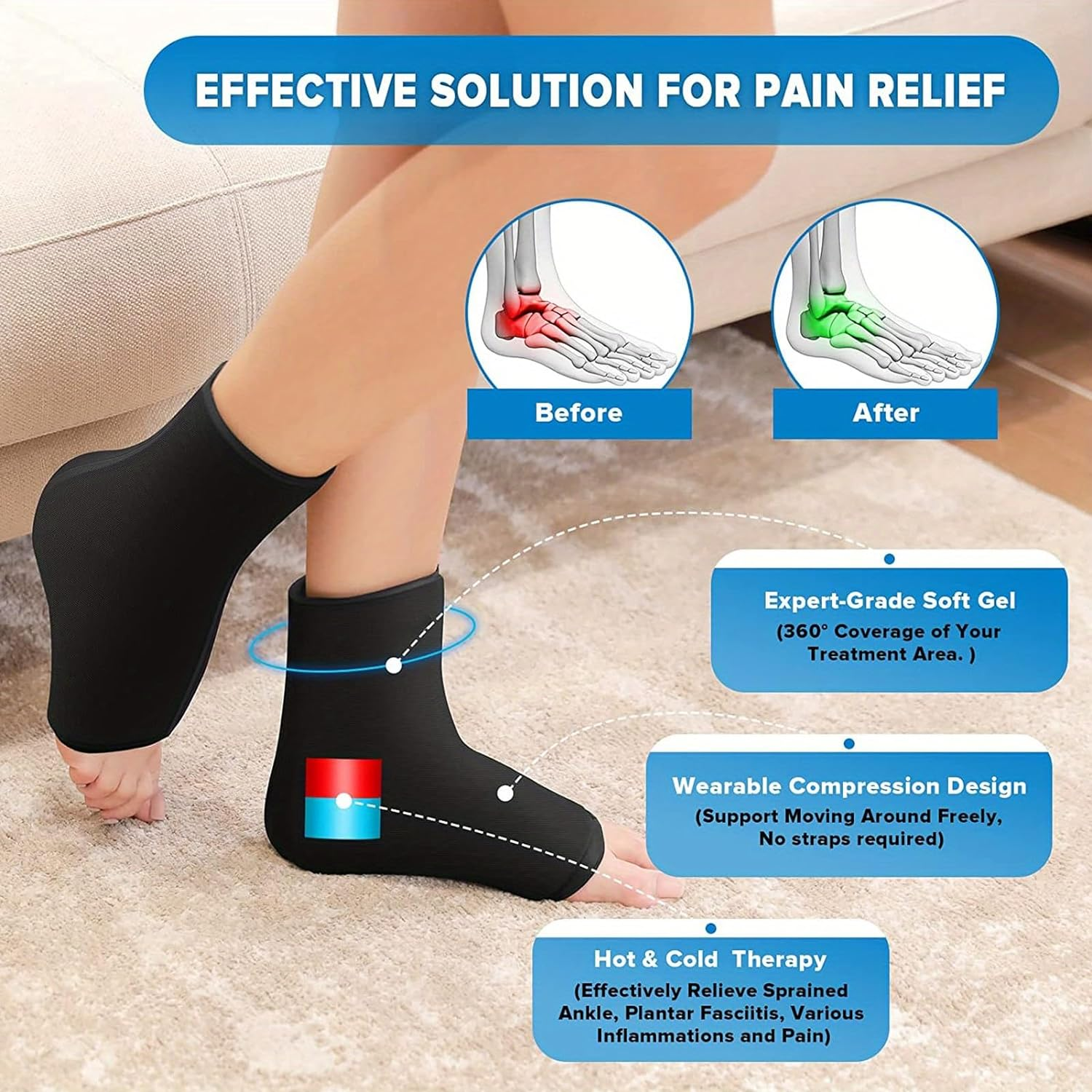 Ankle and Heel Ice Pack Wrap &ndash; Reusable Gel Cold and Hot Therapy for Home Use, Pain Relief, Swelling and Foot Recovery L