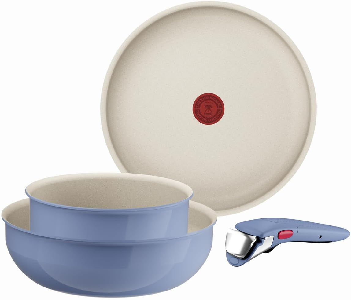 Tefal Ingenio Serenity 4-Piece Cookware Set, Mineralia Non-Stick Coating, Space-Saving, Stackable, Suitable for All Hobs, Dishwasher Safe, Blue Salt, L8294S04