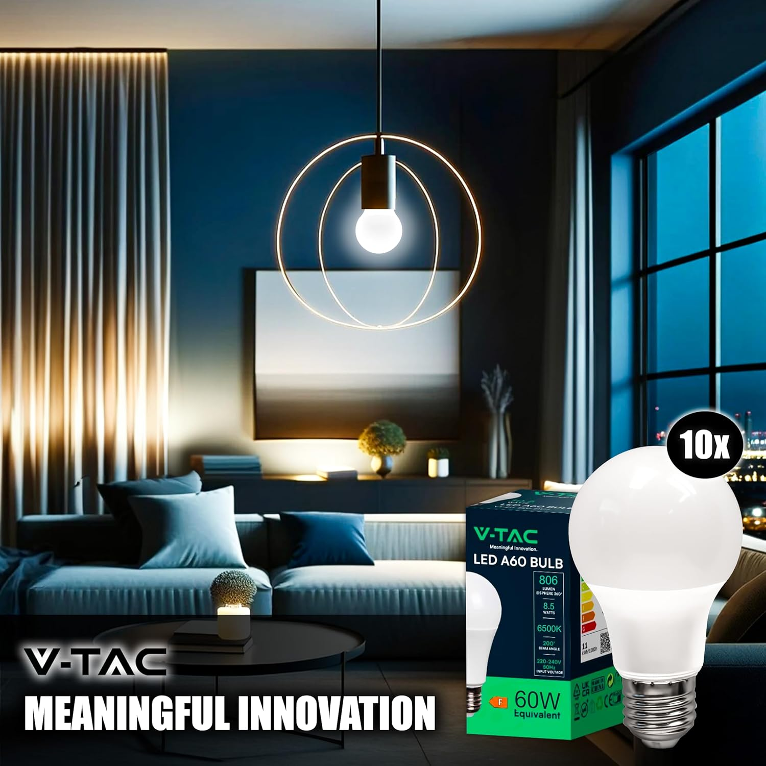 V-TAC 10 X E27 8.5W (60W Equivalent) A60-806 Lumen LED Light Bulbs - 200&deg; Beam Opening - Maximum Efficiency and Energy Saving - 3000K Warm White image number 3