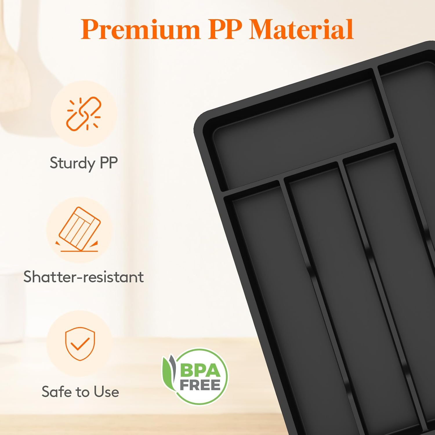 Lifewit Silverware Tray, Deep Wide Cutlery Drawer Organizer Storage for Kitchen, Plastic Flatware Utensil Holder Divider for Spoons Forks Knives Tableware, 5 Compartment, Black image number 3