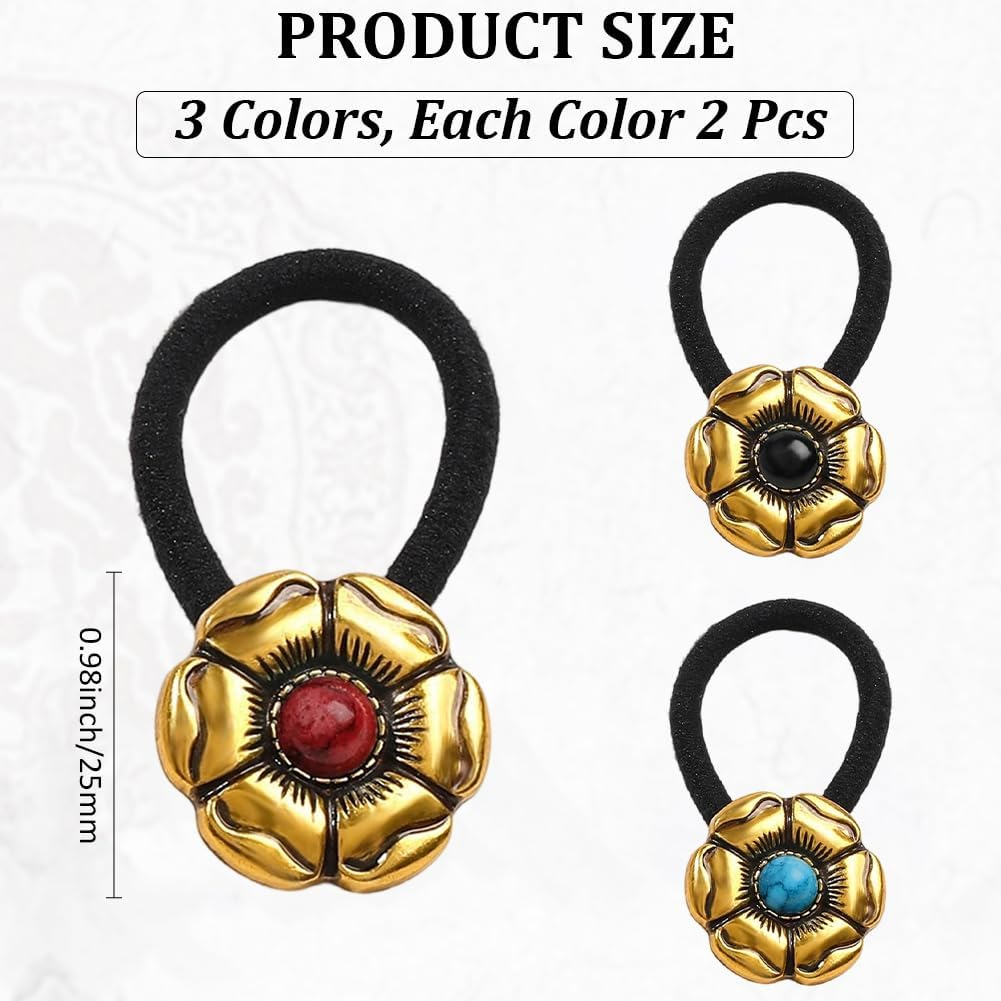 CABODYALS Pack of 6 3 Colours Western Style Metal Ponytail Holder Vintage Boho Turquoise Decorative Hair Bobbles Bracelet Cowgirl Elastic Hair Bands Rope for Women Party Outfit Dress Accessories image number 3