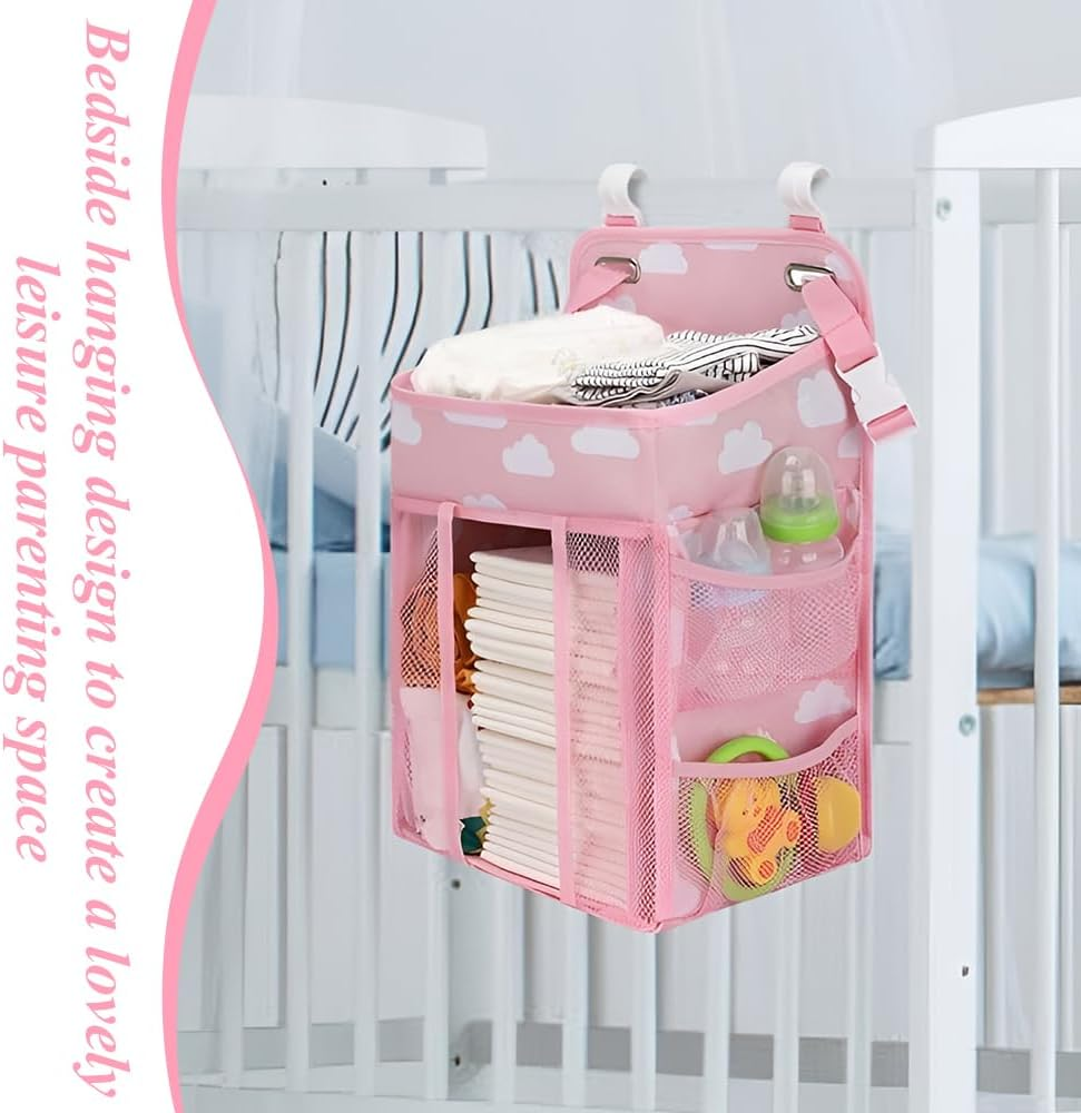 TOMVAES Hanging Nappy Organiser, Changing Table Caddy for Cot, Playard, Nursery with Mesh Pockets (Pink) image number 5