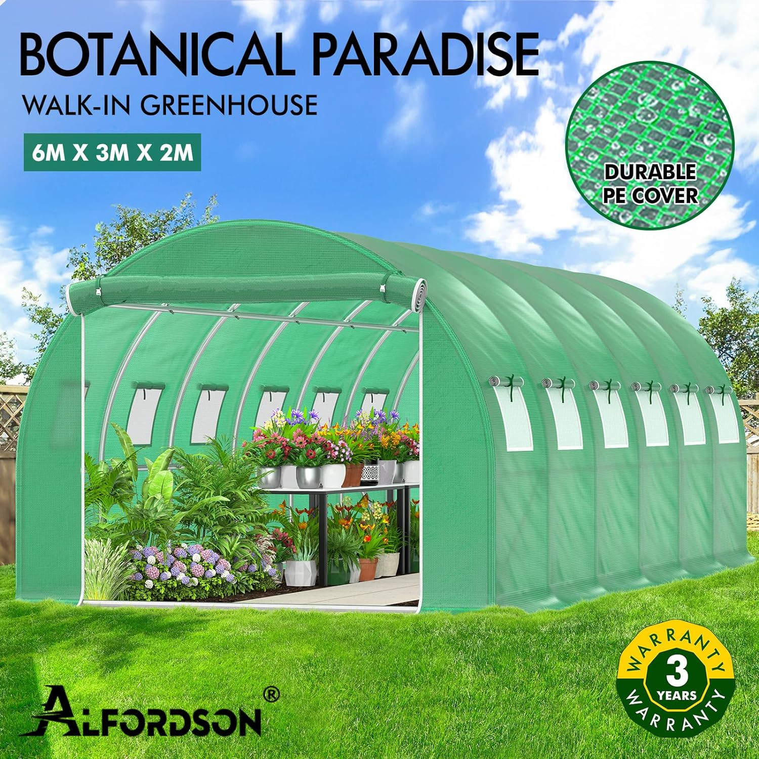 ALFORDSON Walk-In Tunnel Greenhouse with Sturdy Steel Frame, Green House Grow Tent with Insect-Proof Mesh Windows, PE Cover & Zip Roll-Up Doors for Plants & Flowers, 6X3X2M image number 4