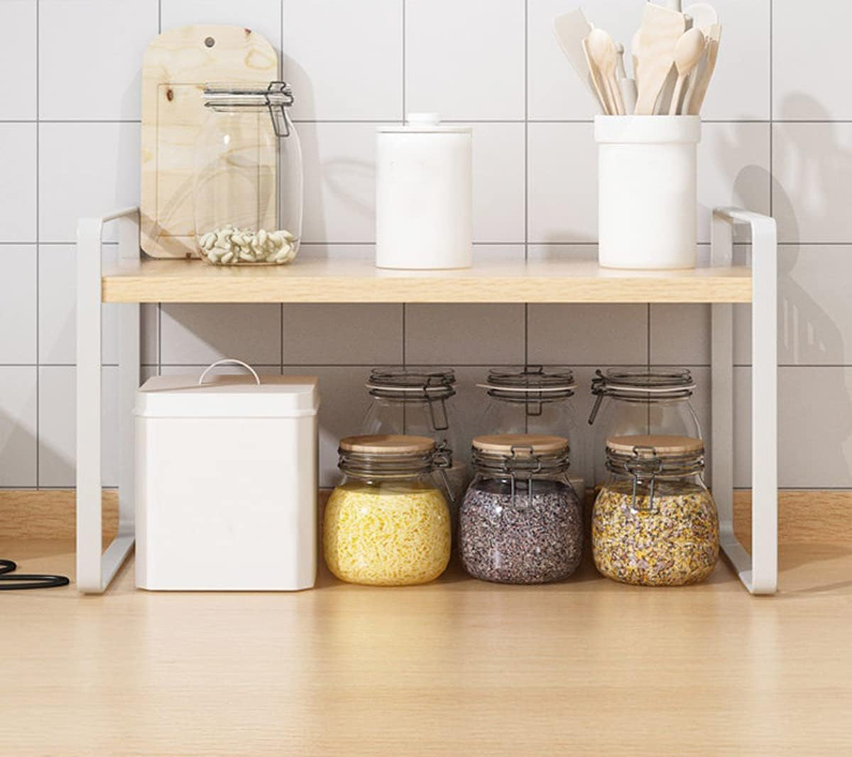 Desktop Organizer, Office Desk Storage Shelf, Desktop Bookcase Wood Bookshelf (Black + Wood) image number 2