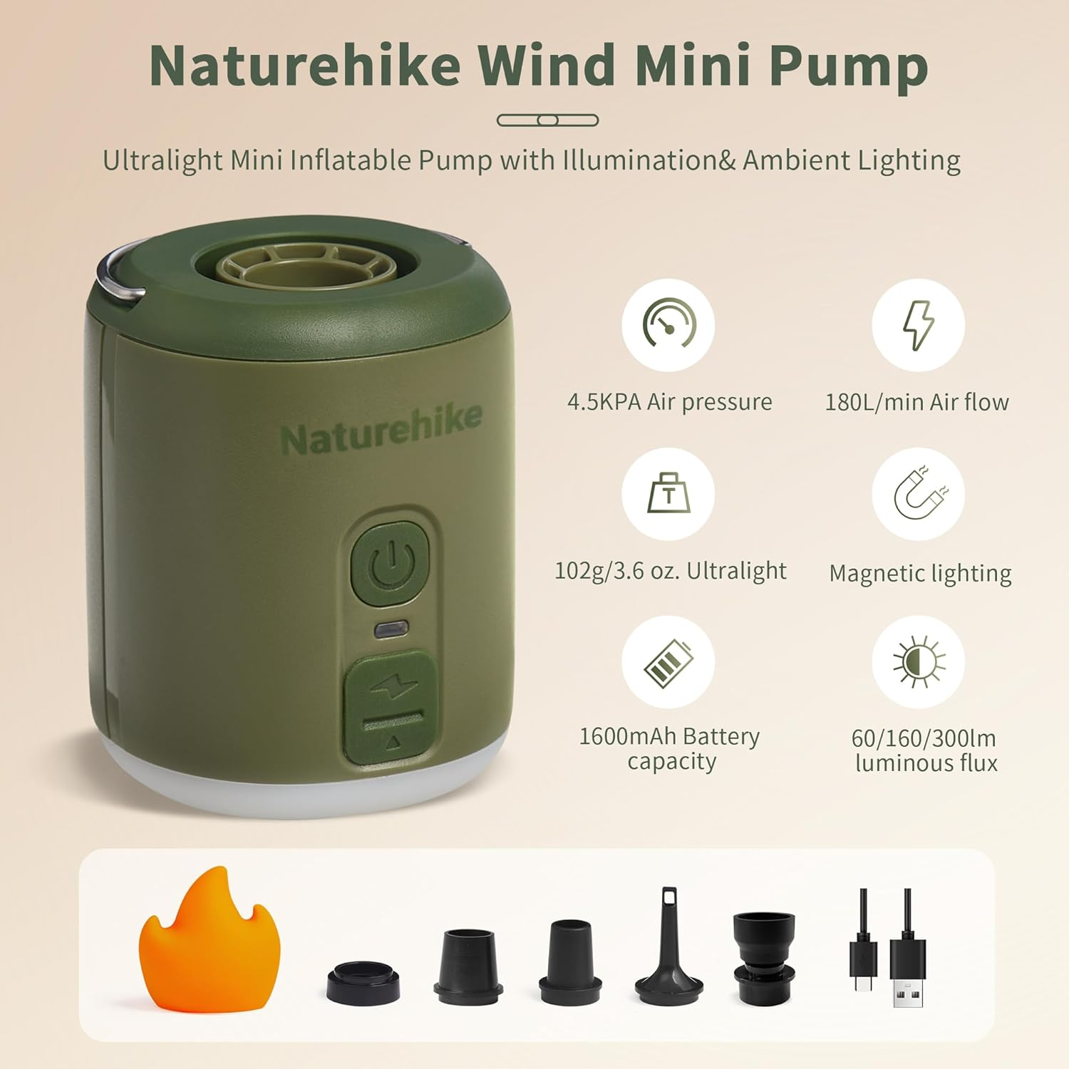 Naturehike Wind Mini Air Pump, Outdoor Multifunctional Tiny Pump (102G) with 1600Mah Battery, Lighting with Flame Lampshade, Efficient and Powerful Pump