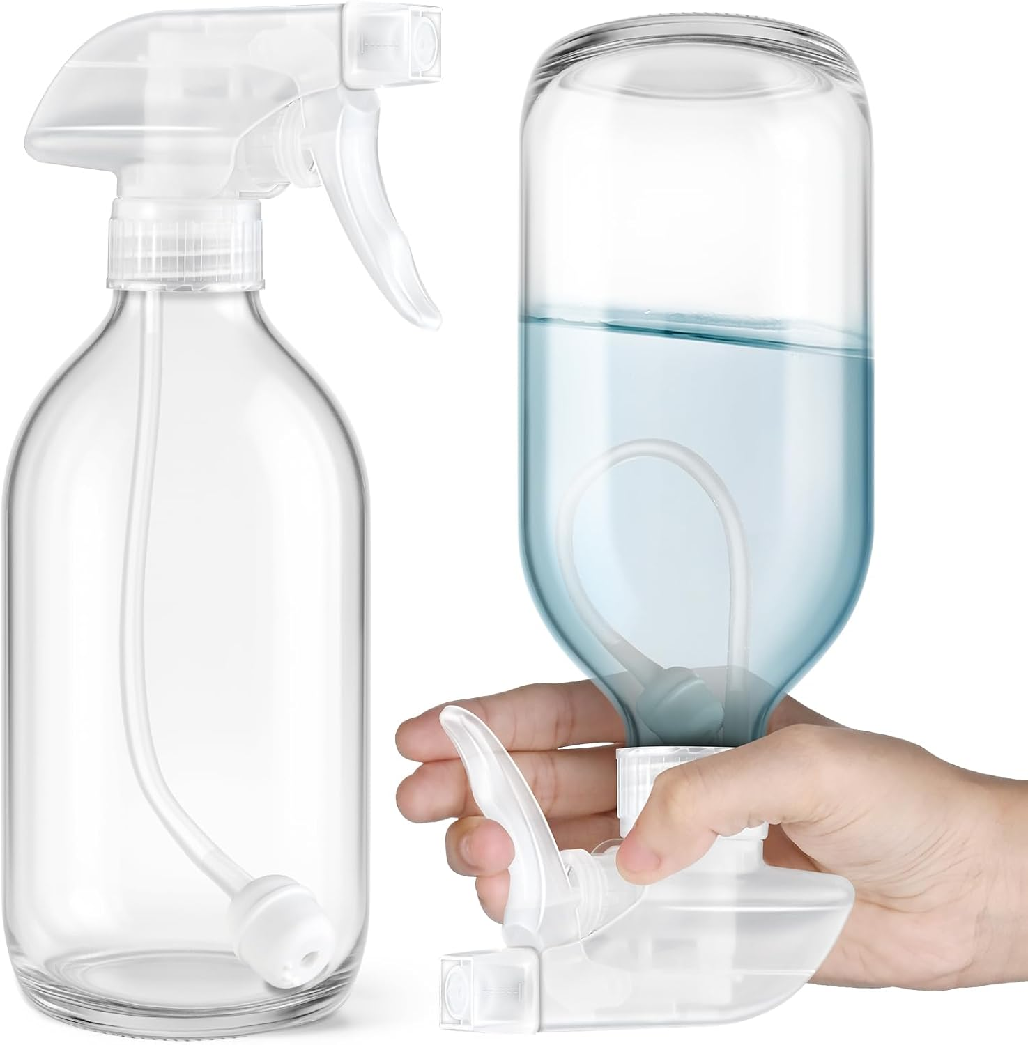 Tecohouse 2 Pack Amber 360&deg; Glass Spray Bottles Clear, 16 Oz Empty Refillable Containers with Adjustable Spray Nozzles, Spray Bottles for Cleaning Solutions and Plants