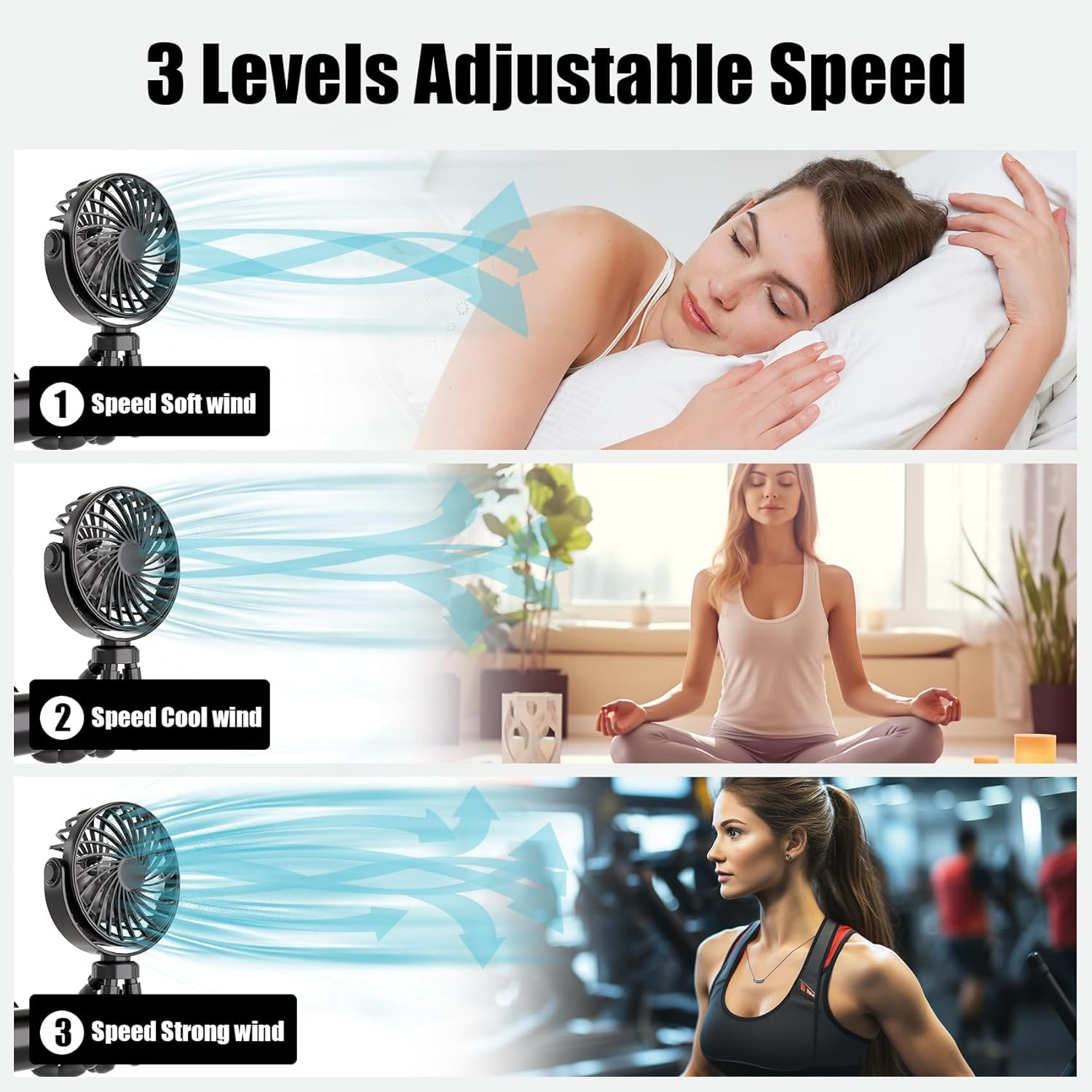 Portable Mini Handheld Stroller Fan, 2000Mah Baby Stroller Fan Car Seat Fan with Flexible Tripod, USB or Battery Powered Desk Fan for Bike Crib Treadmill Travel image number 2