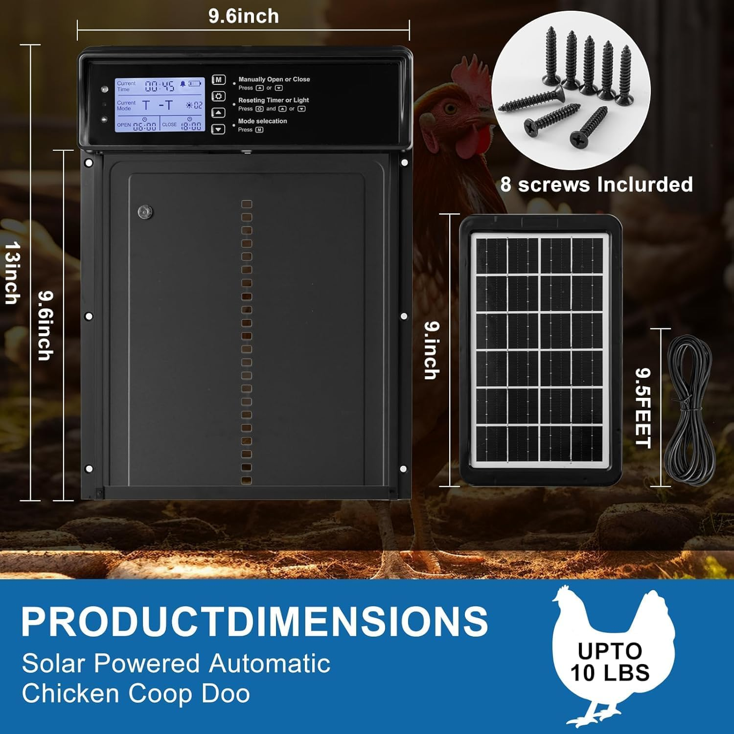 Automatic Chicken Coop Door Solar Powered, 4 Modes Auto Chicken Door Solar, Anti-Pinch & Weather Proof Coop Door with Remote Control, LCD Display Chicken Door with Timer, Light Sensor&Alert image number 6