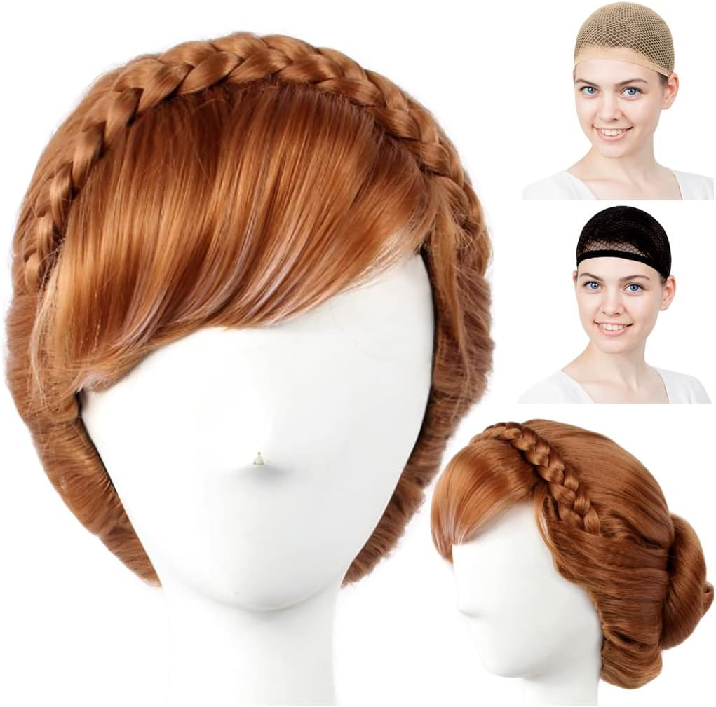 Caseeden Cosplay Wig, Frozen Anna Snow, Anna Bun Braid Headband, Brown, White Melce Wig Net, Set of 2
