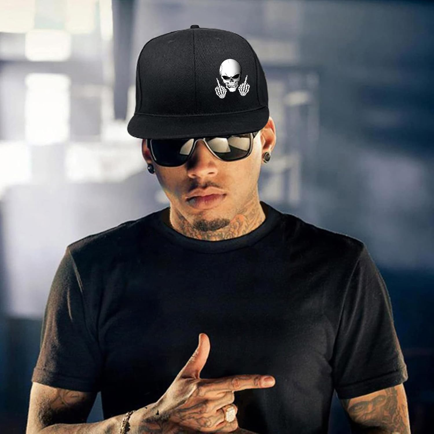 Skull Finger Flat Bill Hats for Men Black Mens Snapback Hat Baseball Cap Fitted Hat Rock N Roll Skeleton Hand Snap Backpack - Angry Bear image number 2