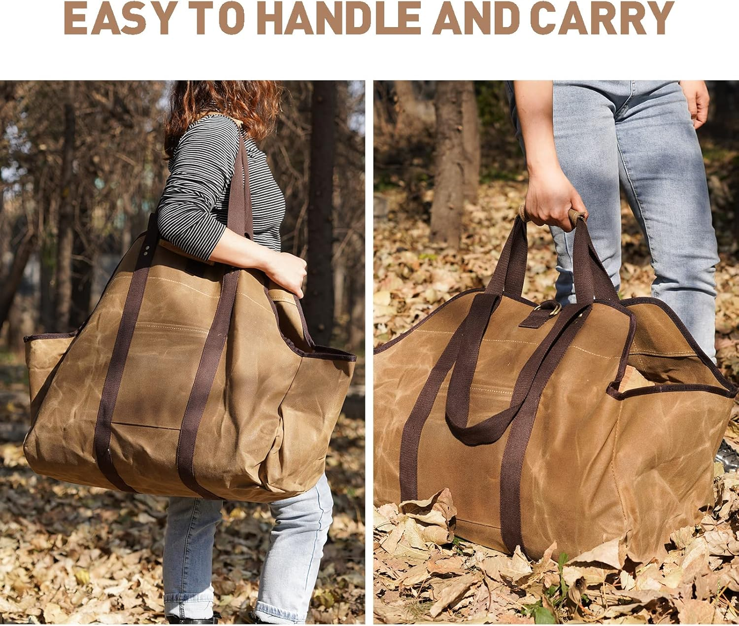 Myfireplacedirect Waxed Canvas Log Carrier Tote Bag, Extra Large Durable Firewood Holder with Handles and Shoulder Strap, Heavy Duty Wood Carrying Bag for Fireplaces & Wood Stoves