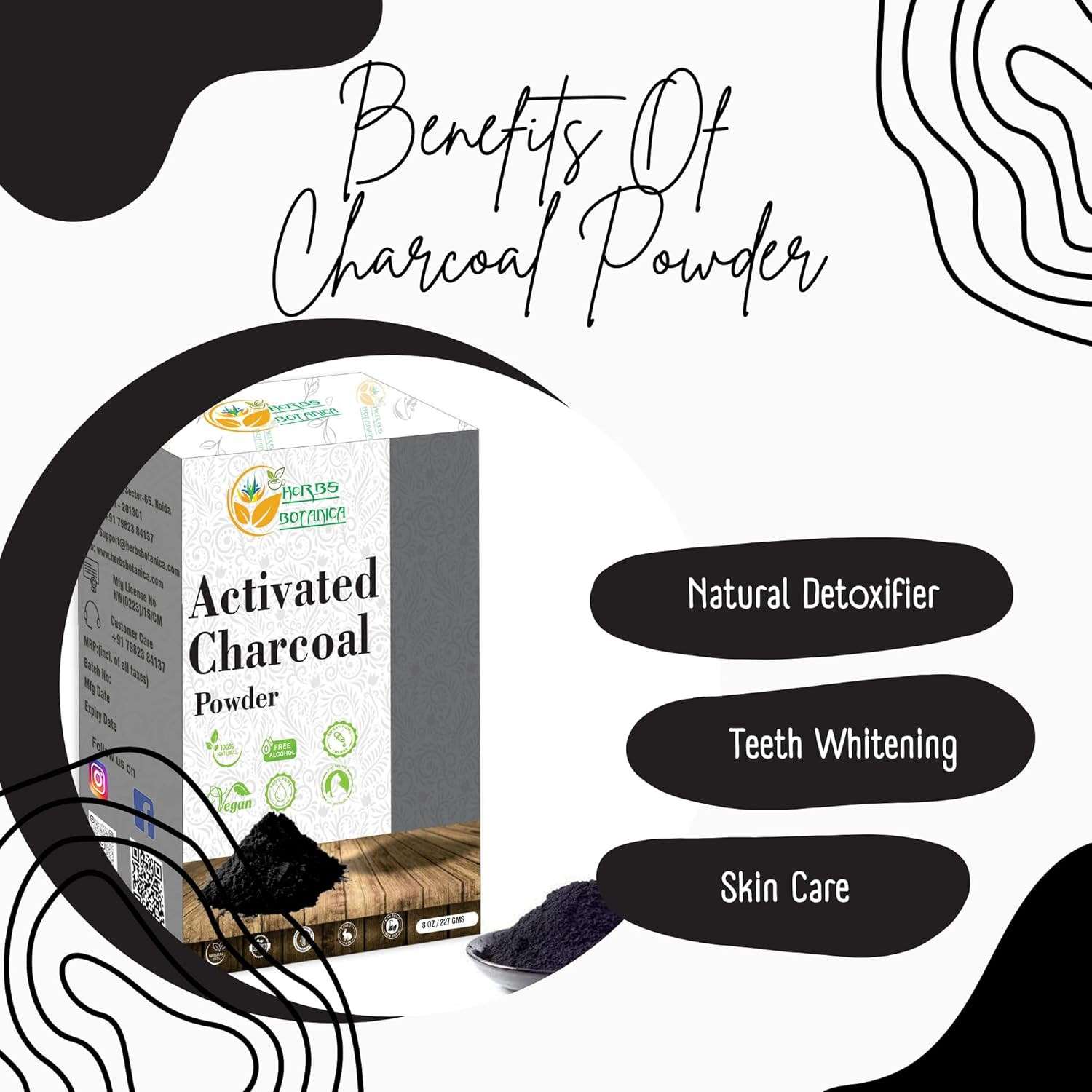 Herbs Botanica Activated Charcoal Powder, Food Grade Natural Detoxifier for Digestive Health, Teeth Whitening, Detoxification & Bug Bite Relief 227 Gm image number 1