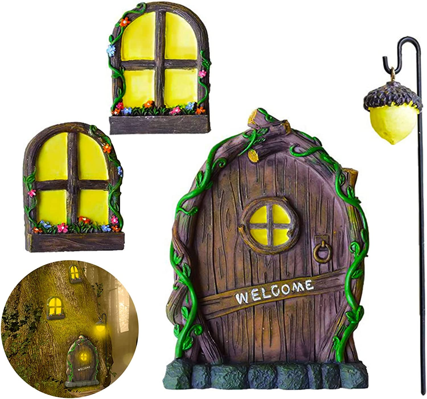GANGH Garden Fairy Door Kits, Miniature Fairy Tree Ornaments, Fairy Doors Fairy Doors & Windows Kits for Tree Decorations Luminous Doors & Windows Kids Windows Glow in the Dark, Yellow, (GANGH08)