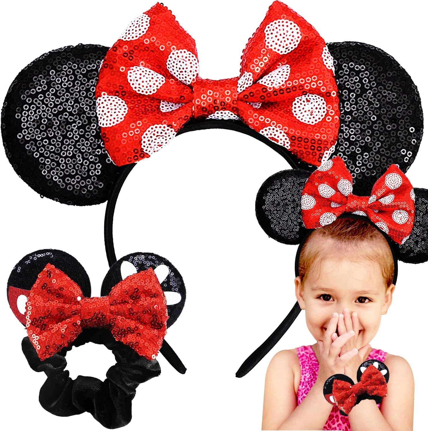 1 Pcs Shiny Mouse Ears Headband with Sequin Bows and 1 Pcs Sequin Mouse Ears Velvet Scrunchies with Bow Hairs Accessories Elastic Rubber Hair Band Cute Hair Ties Rope Ponytail Holder Sparkle Bow Girl Headwrap for Toddler Baby Boys Girls Women Adult Kids Birthday Party Celebrations Gift Amusement Park (Red)