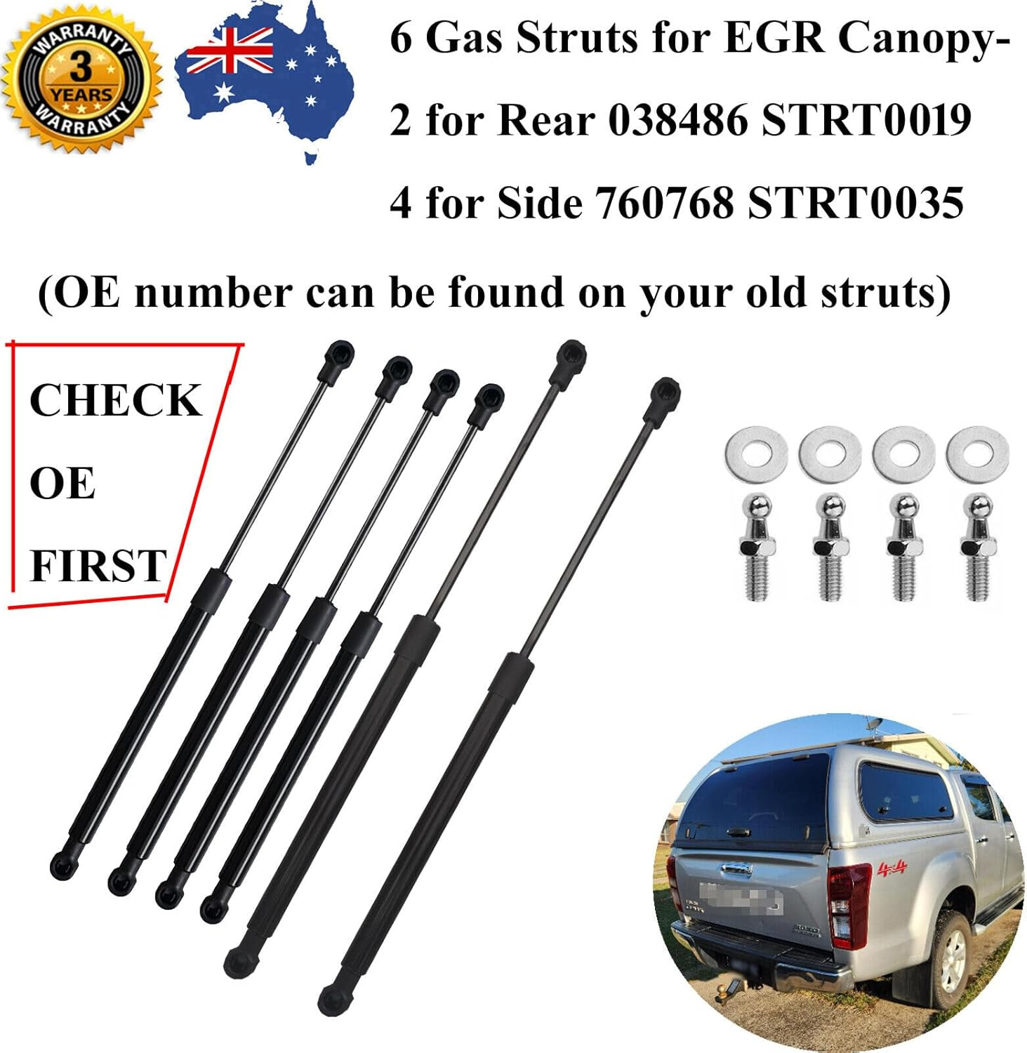 AONNOUS 6 Gas Struts-4 Side STRT0035 760768 0090N & 2 Rear Window STRT0019 038486 0160N Lift Set for EGR Canopy Windows Inc Navara D-MAX-ONLY Work When All OE Match