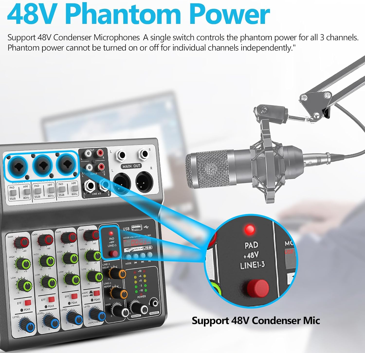 Aveek 5-Channel Audio Mixer, Sound Board Mixing Console with USB Bluetooth Reverb Delay Effect, Input 48V Phantom Power Stereo DJ Mixers for Recording, Live Streaming, Podcasting,Ak-70 image number 2