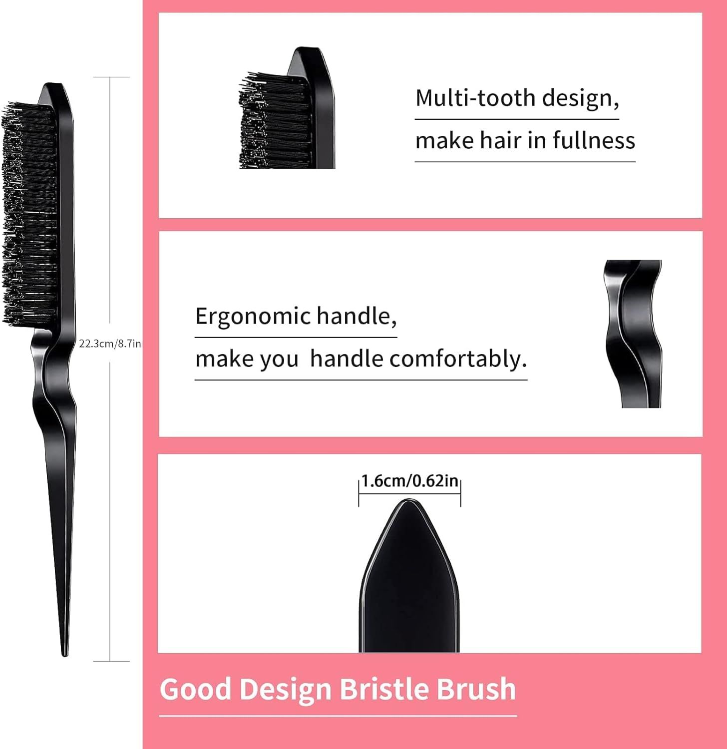 Street27&reg; 3Pcs Slick Back Hair Brush, Hair Bun Hair Accessories for Women Girls Bun Maker for Kids, Edge Brush, Bristle Teasing Brush, Rat Tail Comb for Parting Smoothing Flyaways (Black) image number 6