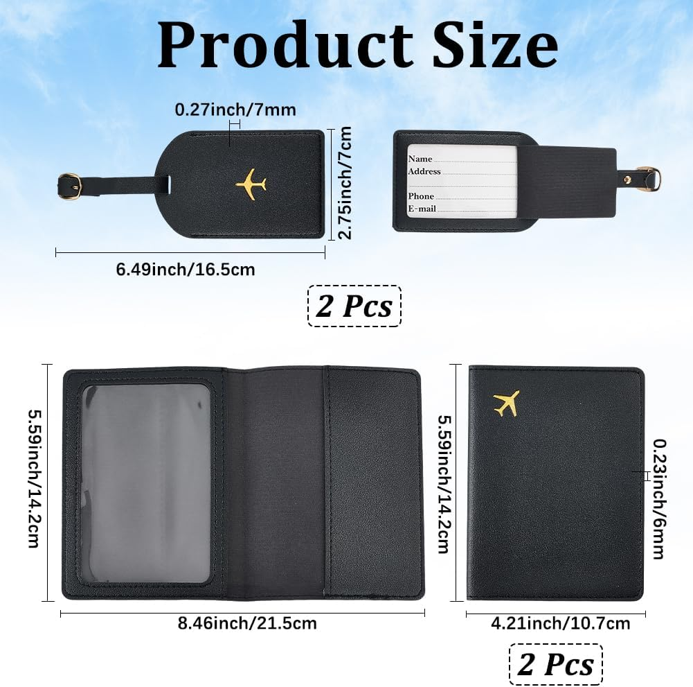 CALFOVERA 2 Sets Metallic Airplane Pattern Luggage Tag Mr and Mrs Honeymoon Passport Wallets Travel Holder PU Leather Black Couple Passport Cover Blocking Card Slots Rfid Case Suitcase for Women Men image number 4