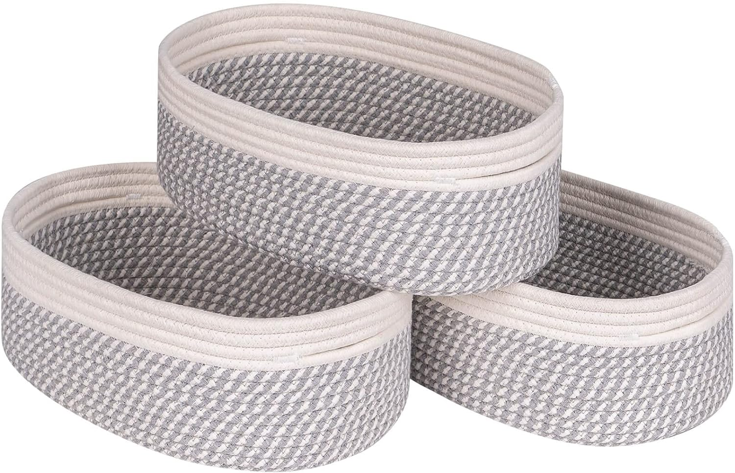 Kriitools Shelf Storage Baskets for Organizing|Cute Basket for Closet&Blanket Storage|Small Woven Baskets to Store Toys,Books,Etc.-13X8.66X5.11&rsquo;&rsquo; Cotton Rope,Stylish,Oval 3 Packs off White&Green - Black image number 6