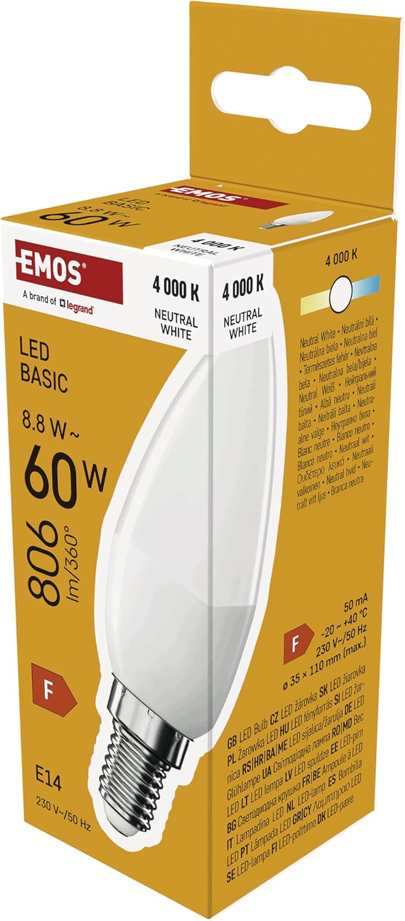 EMOS - LED Lamp Basic Candle - E14 Socket - Neutral White - 806 Lm - 8.8W (Replacement for 60W Incandescent Bulb) - Lifetime 20,000 Hours - Beam Angle 180&deg; - CRI Min. 80