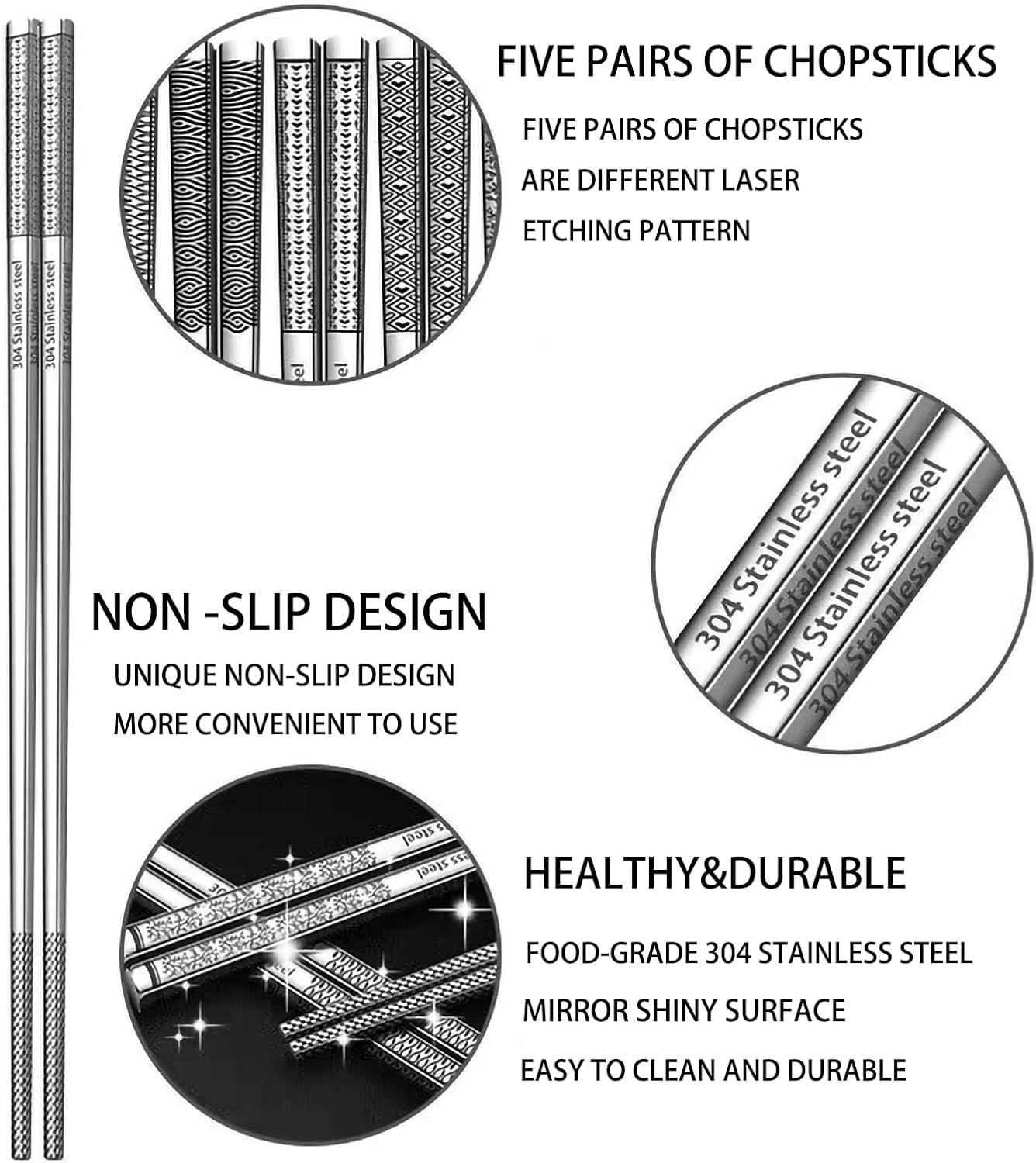 5 Pairs Stainless Steel Chopsticks - Reusable, Dishwasher Safe, Square, Lightweight, Laser Engraved, Non-Slip - 304 Metal Chop Sticks image number 4