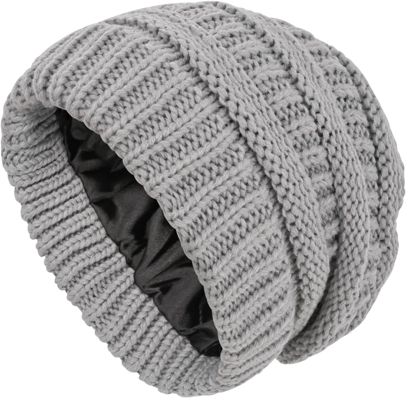 SGQTZDZQ Satin Lined Beanie Hats for Women, Warm Slouchy Ladies Winter Hats, Classic Fashionable Wooly Cable Knit Skull Cap
