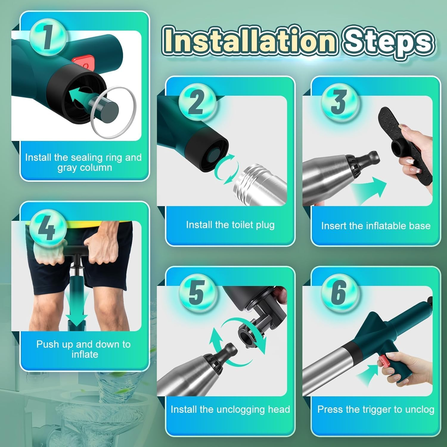 Toilet Plunger, Drain Clog Remover, High Pressure Air Drain Blaster Real-Time Barometer Plunge Blaster Multi-Drain Unclogger for Toilets, Plungers for Bathroom, Sink, Floor, Kitchen Clogged image number 1