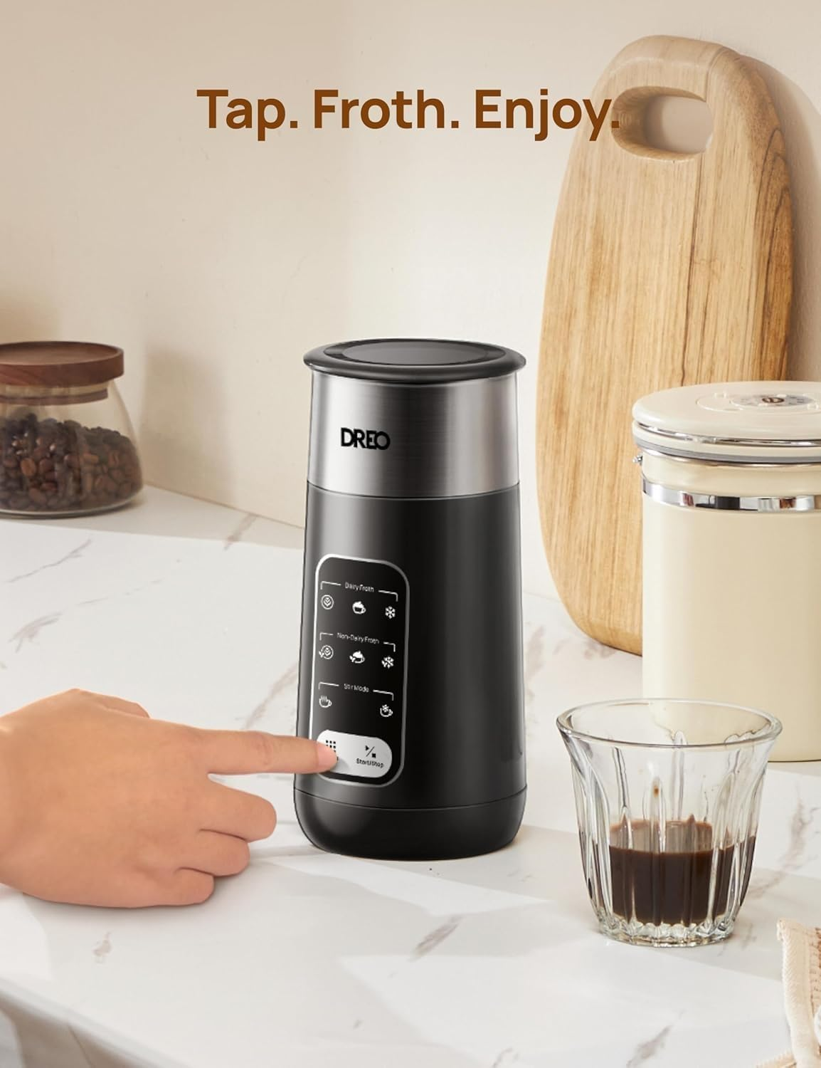 Dreo Milk Frother, 8-In-1 Electric Frother for Latte Art Coffee, 9Oz/270Ml Hot and Cold Foam Frother, Automatic Milk Warmer for Dairy and Non-Dairy Milk with LED, Easy to Clean, Baristamaker Air - Gray image number 4